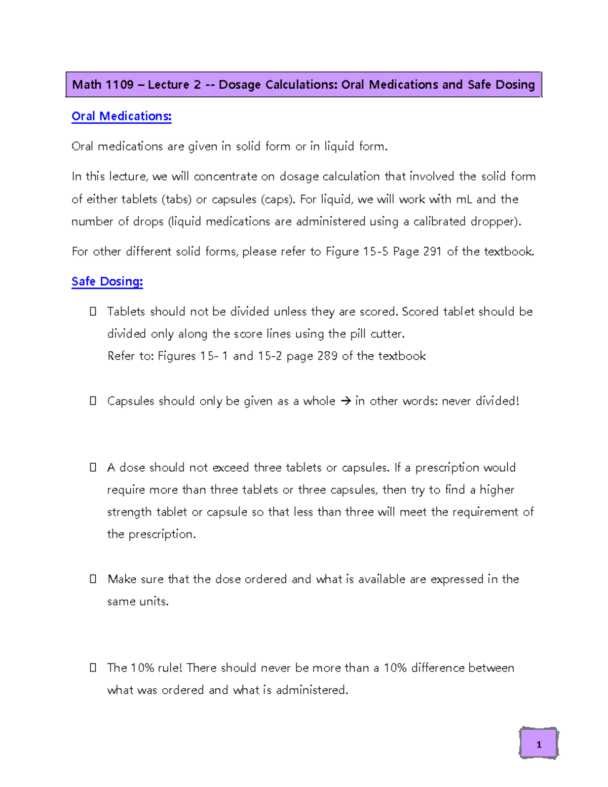 Dosage Calculations Lecture 2 Oral and Safe Dosing - Math 1109 ...