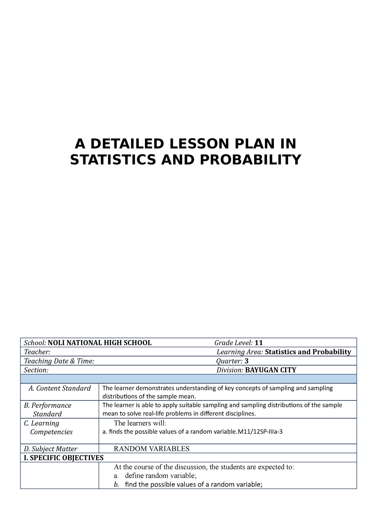 LP 3rd Demo - Statistics And Probability - A DETAILED LESSON PLAN IN ...