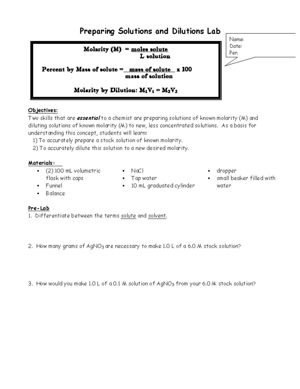 Molarity and dilution lab Preparing Solutions and Dilutions Lab