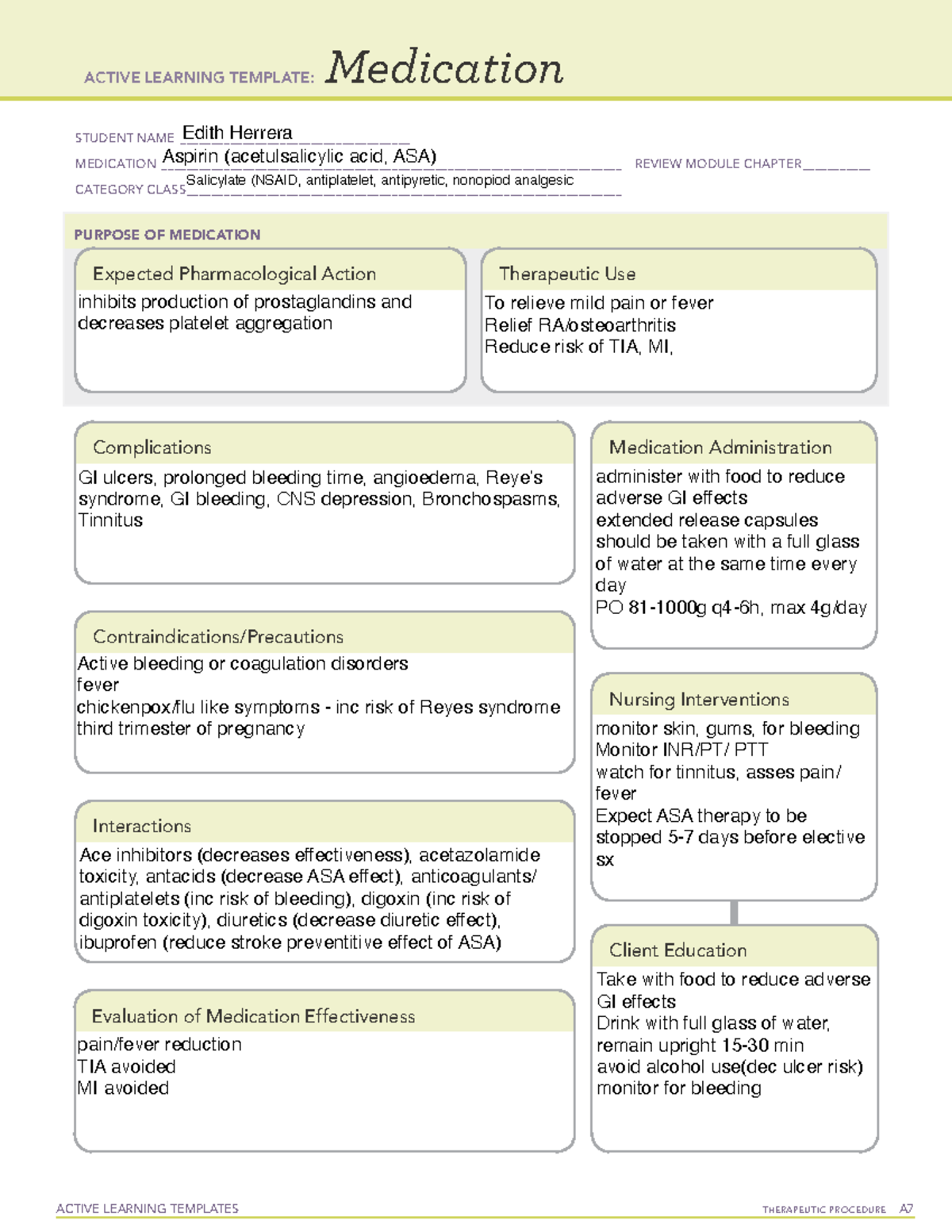 Aspirin ALT note ACTIVE LEARNING TEMPLATES THERAPEUTIC PROCEDURE A