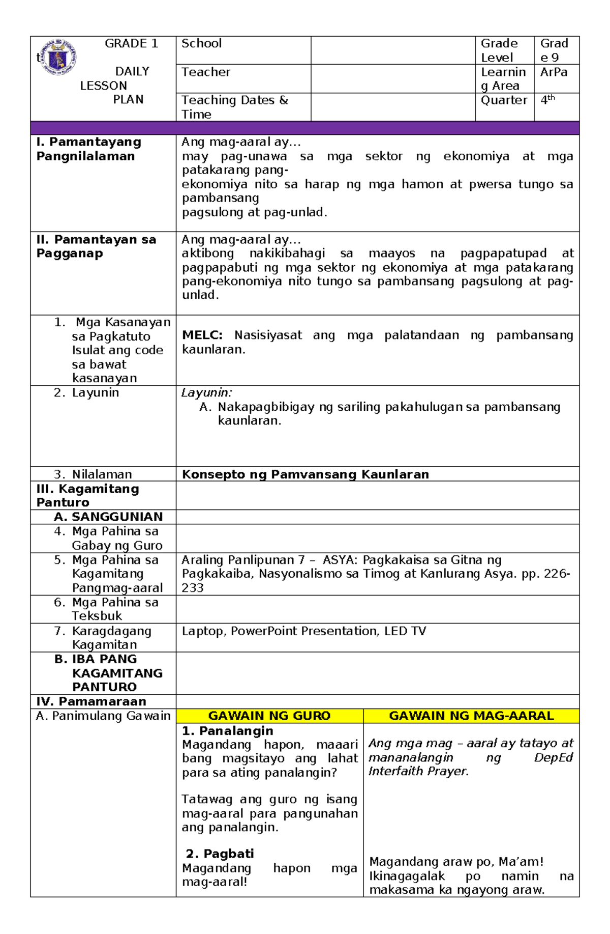 AP7 D8 Kabibohan - GRADE 1 to 12 DAILY LESSON PLAN School Grade Level ...