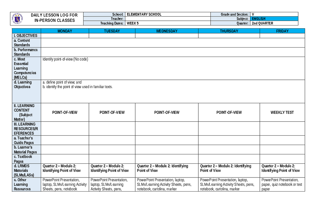 Q2 English DLL WEEK 5 - Lesson Guide - DAILY LESSON LOG FOR IN-PERSON ...