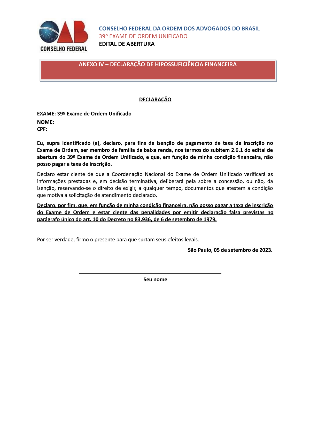 Anexo Iv Declaração De Hipossuficiência Financeira Oab Modelo Editável Anexo Iv 3164