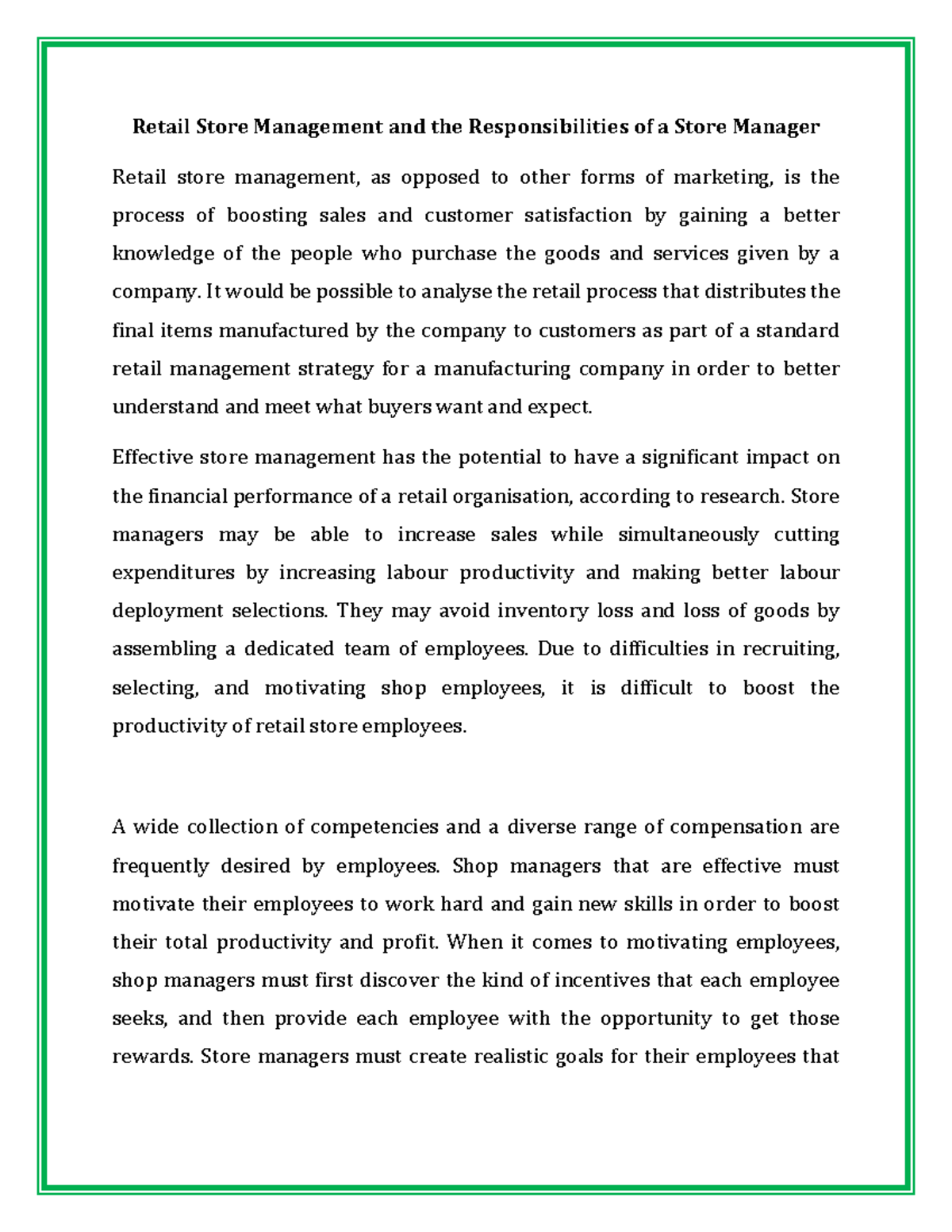 Store Management - Lecture notes 2 - Retail Store Management and the ...