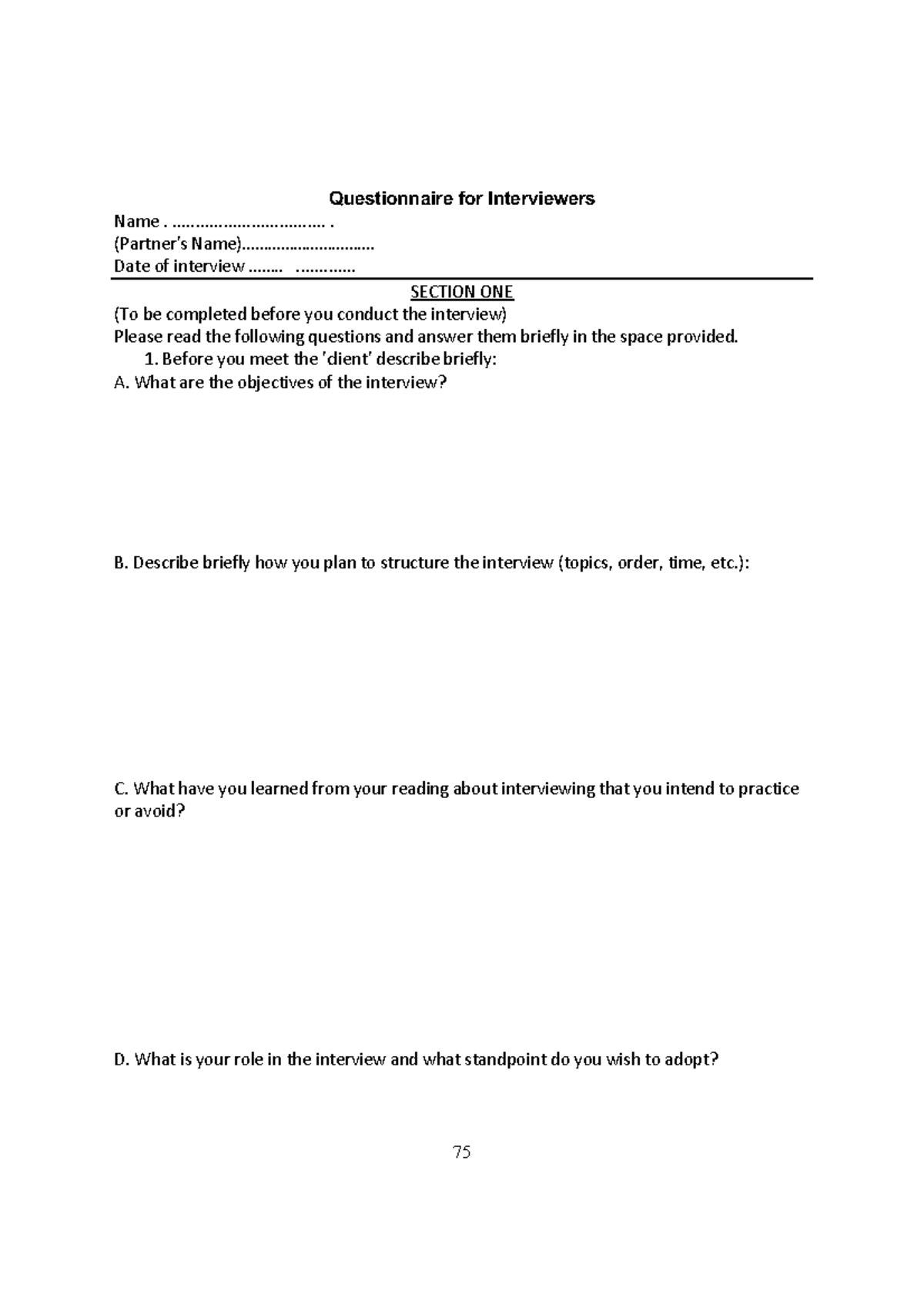 CC questionnaire - Questionnaire for Interviewers Name
