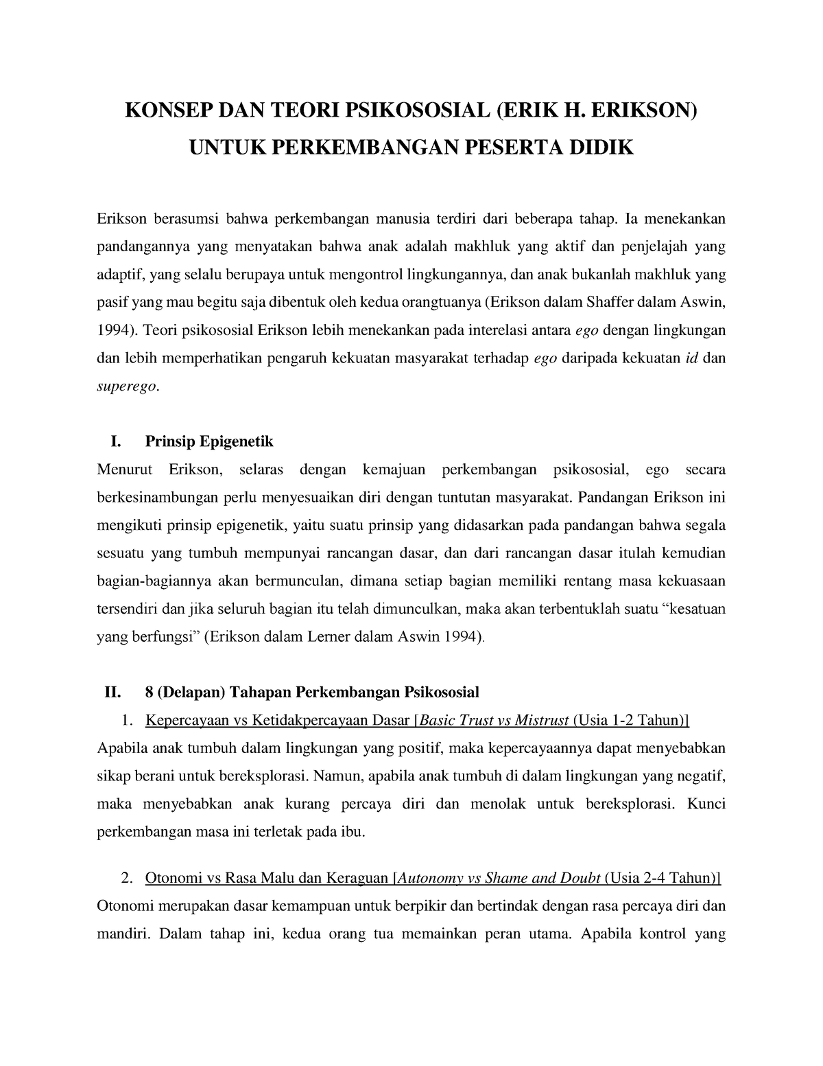 Konsep Dan Teori Psikososial (ERIK H. Erikson) Untuk Perkembangan ...