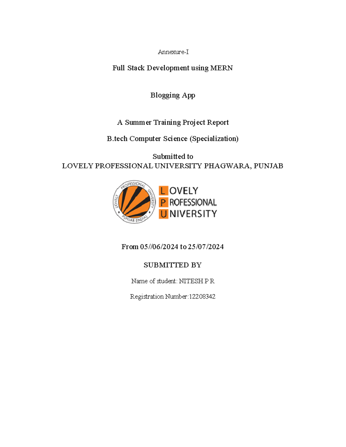 Summer Training Report - Annexure-I Full Stack Development using MERN ...