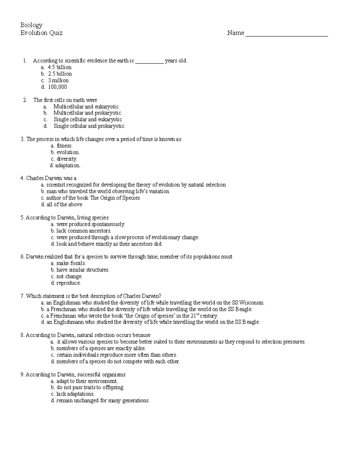 Evolution Quiz (5-21-2020) - Biology Evolution Quiz Name ...