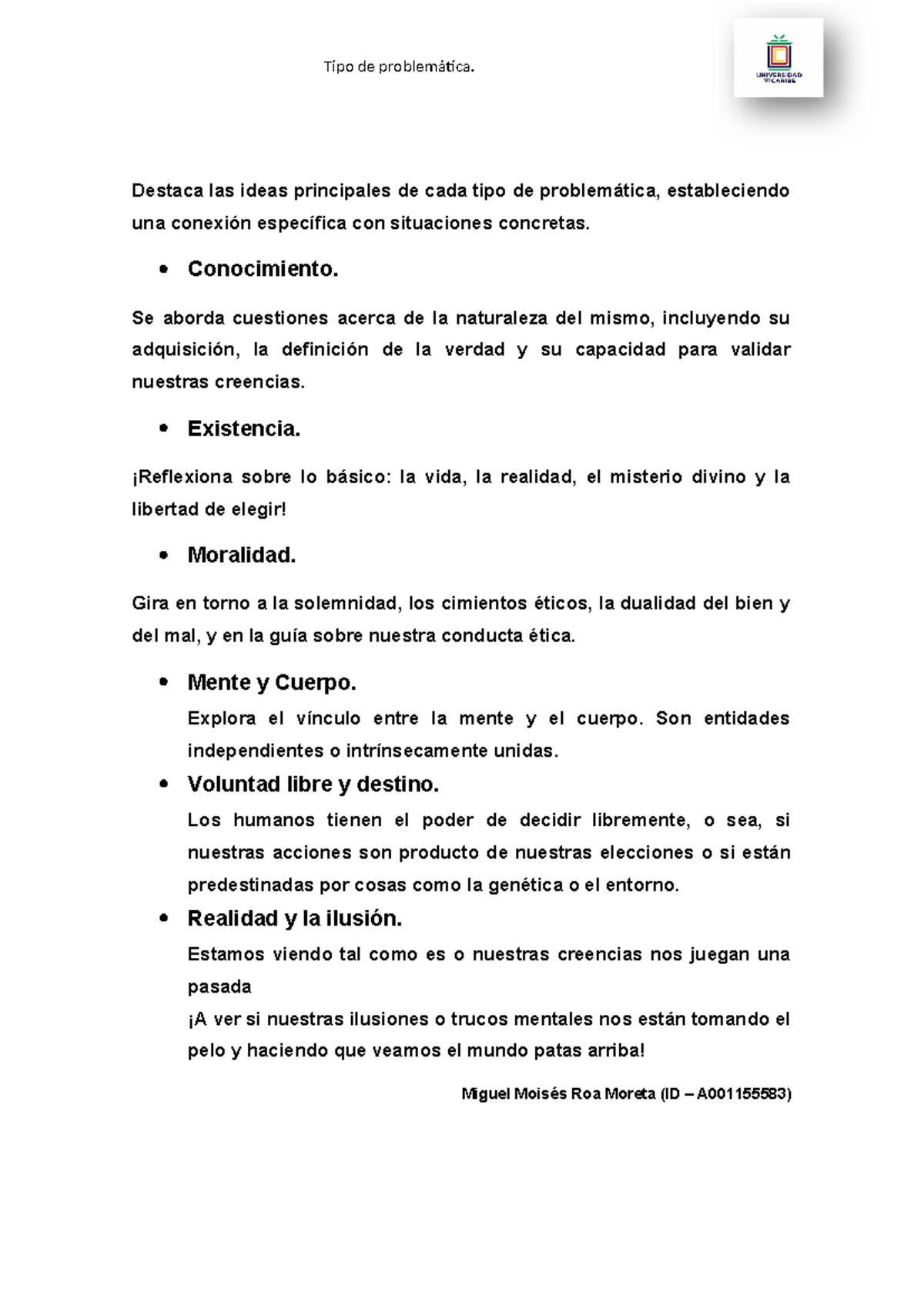 Roa Moreta Miguel Moises Unidad 2 Actividad 1 Entregable Tipo De Problemática Tipo De 8564