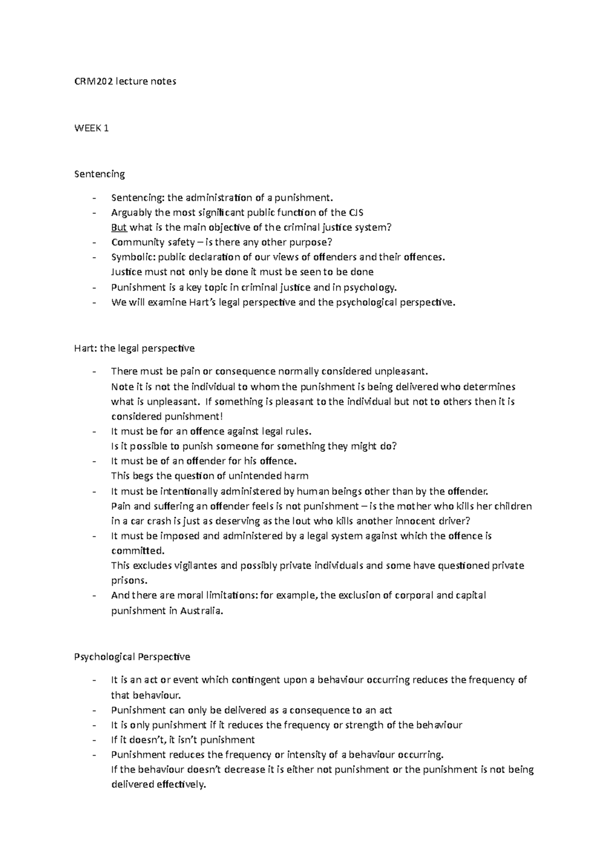 CRM202 lecture notes - CRM202 lecture notes WEEK 1 Sentencing ...