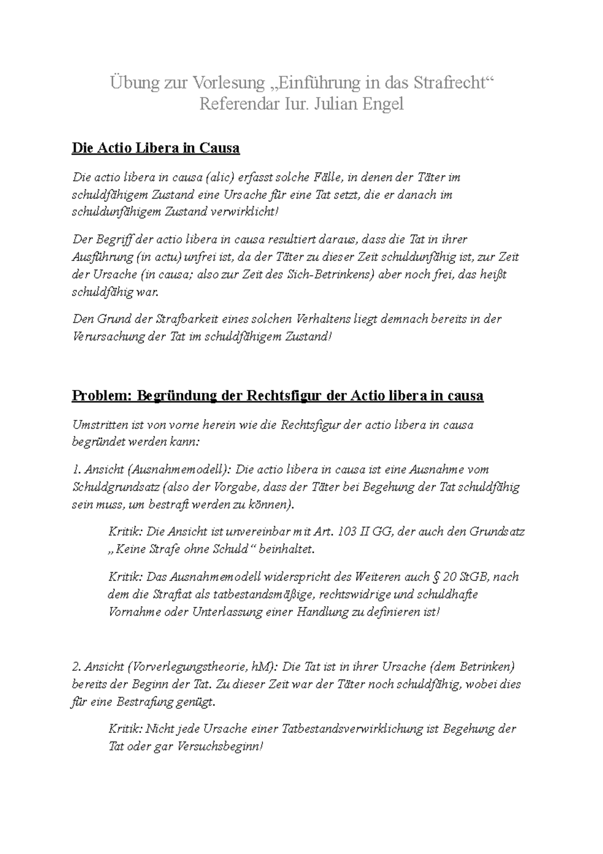 Actio Libera In Causa Deutsch Bersicht zur Actio libera in causa - Einführung in das Strafrecht I