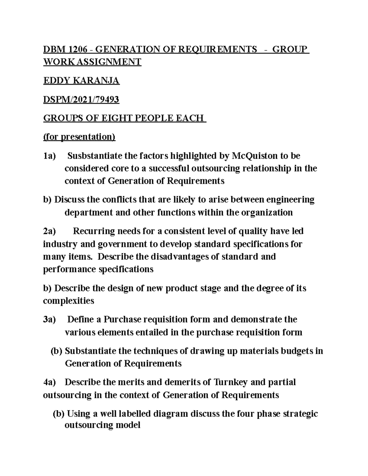 Assignment Generation OF Requirements DBM 1206 GENERATION OF