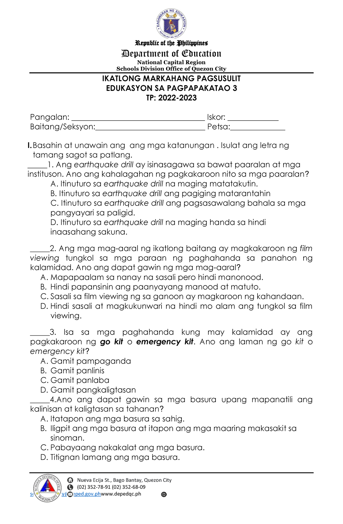 Esp3 Q3 3rd Pt 2022 2023 Republic Of The Philippines Department Of Education National Capital 