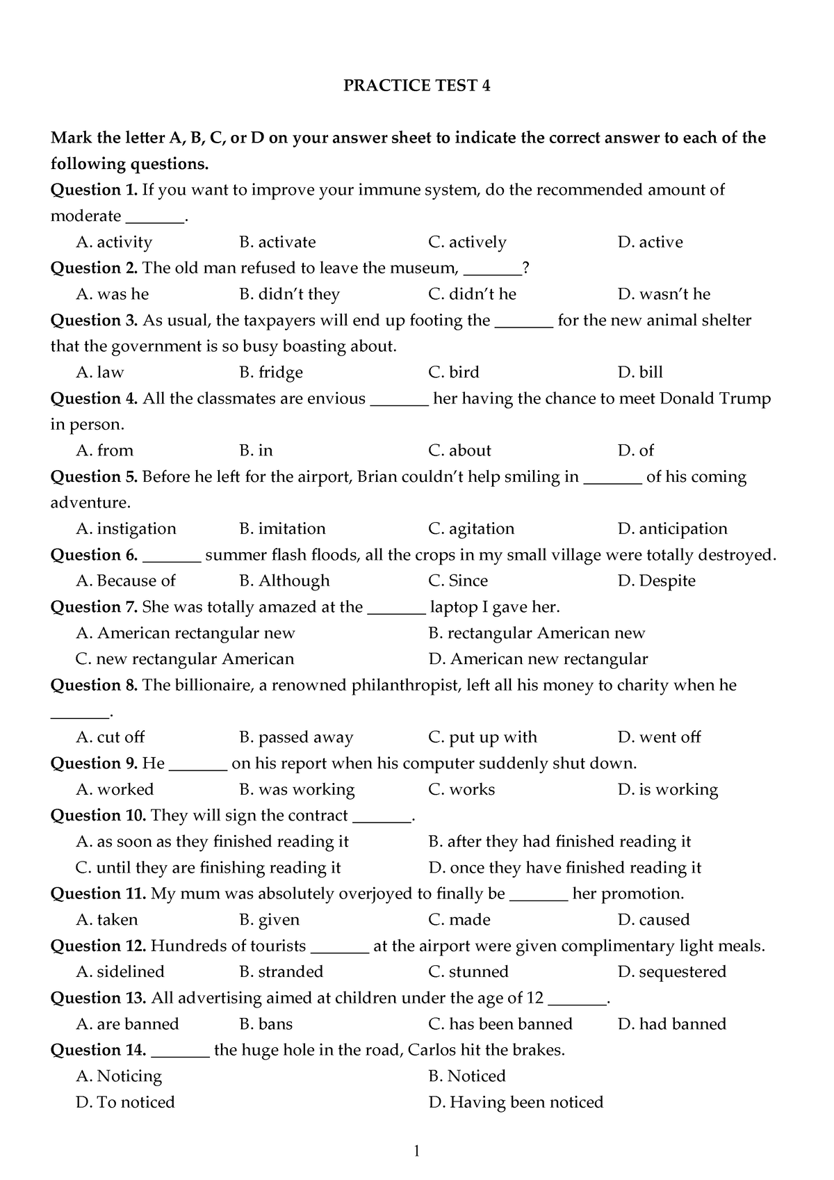 HW 16.10 - Practice TEST 4 - PRACTICE TEST 4 Mark The Letter A, B, C ...