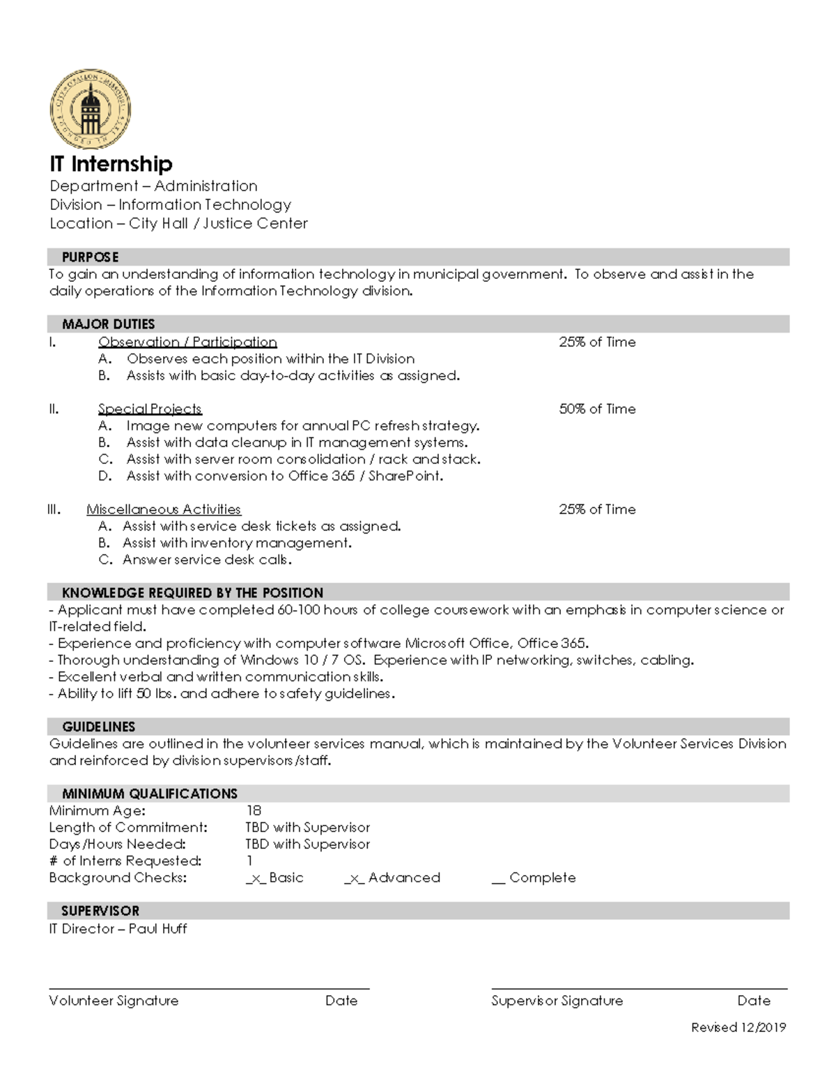 IT Internship Information Technology Revised 12/ IT Internship Department Administration
