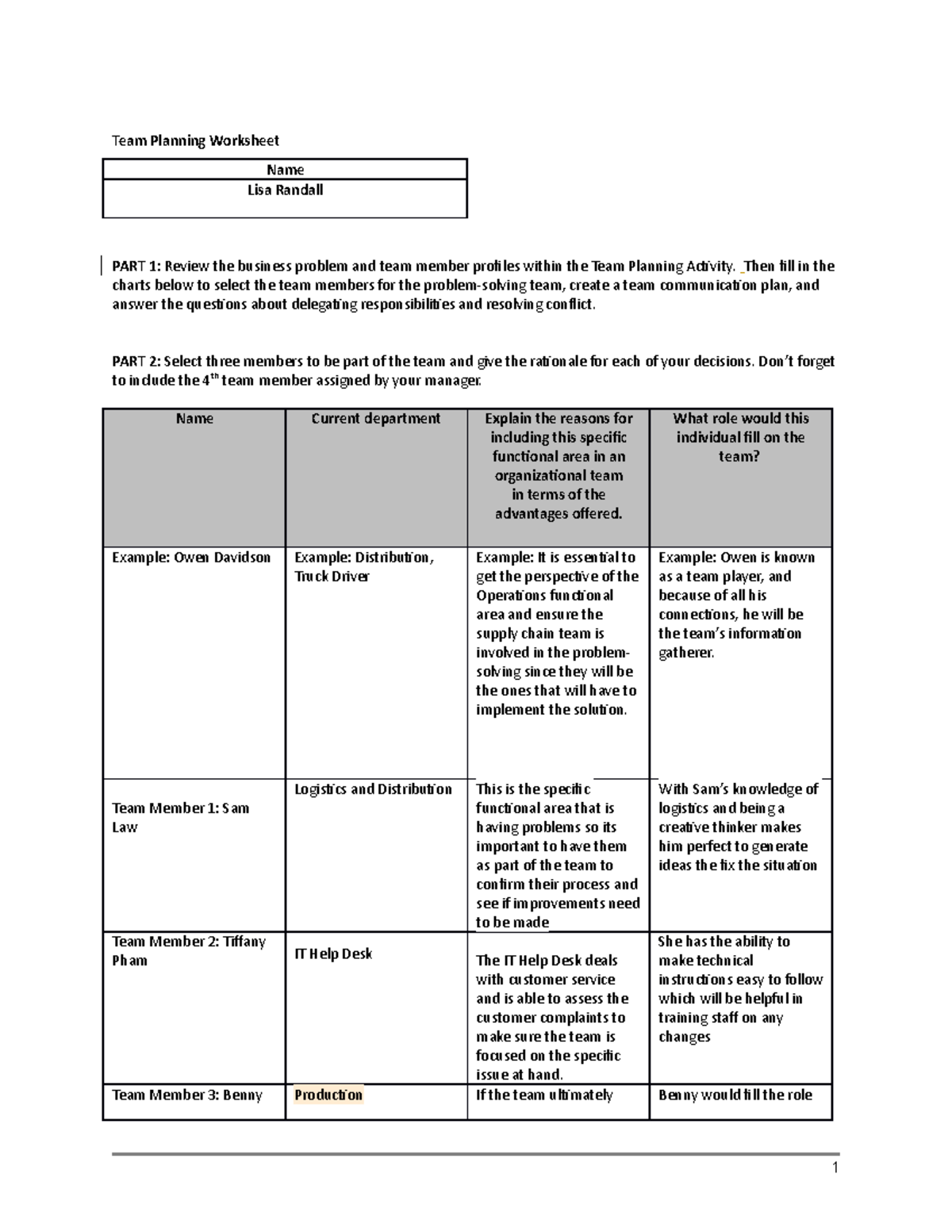 BUS-FPX3007 Randall Lisa Assessment 3-1 - Team Planning Worksheet Name ...