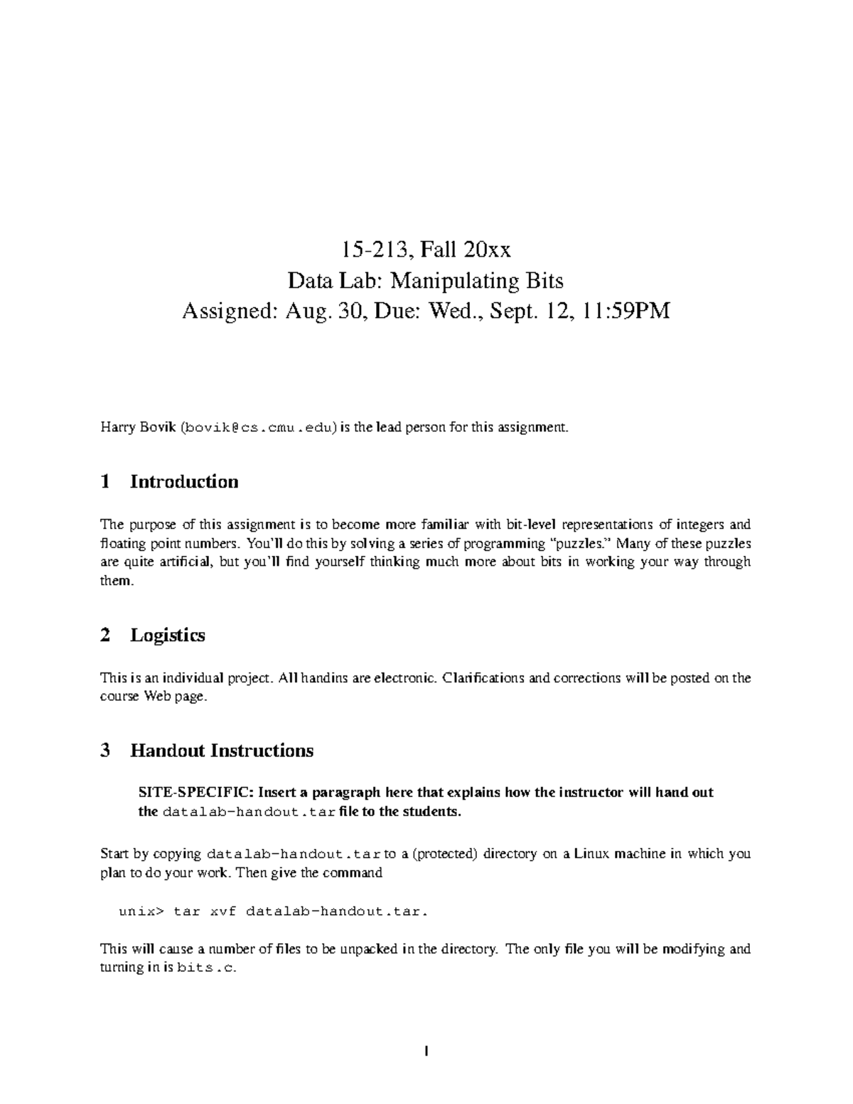 Datalab - Data lab handout - 15-213, Fall 20xx Data Lab: Manipulating ...
