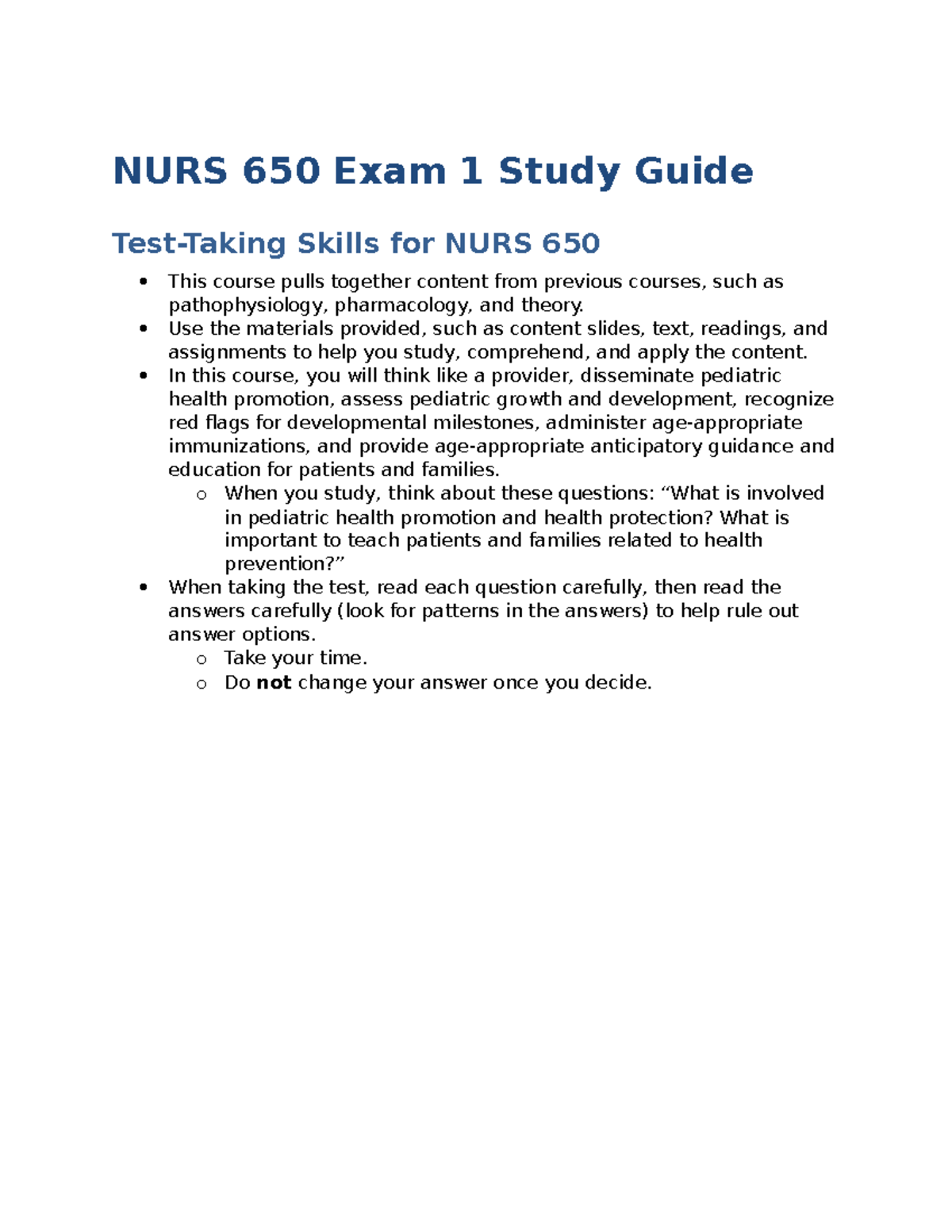 Pediatric health promotion NURS 650 Exam1 study guide - NURS 650 Exam 1 ...