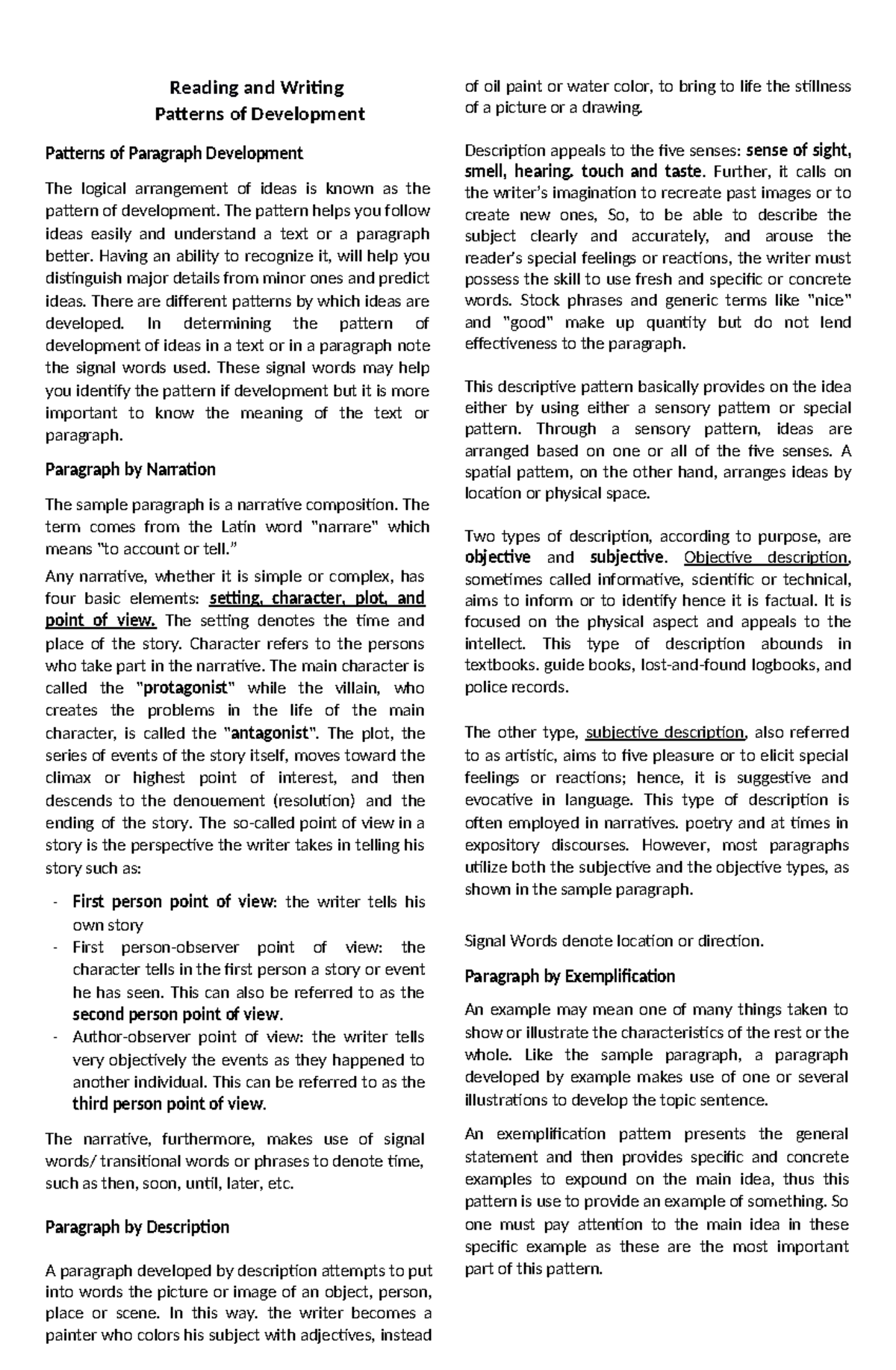 Patterns of Paragraph Development in Writing - Reading and Writing ...