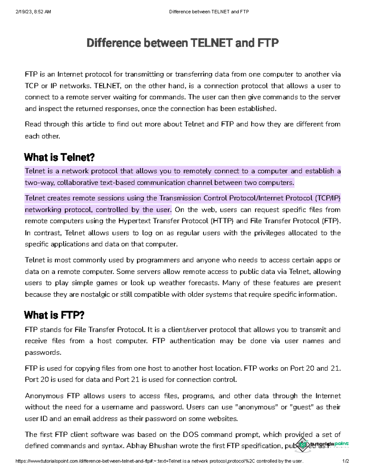 Difference between and FTP 2/19/23, 852 AM Difference between