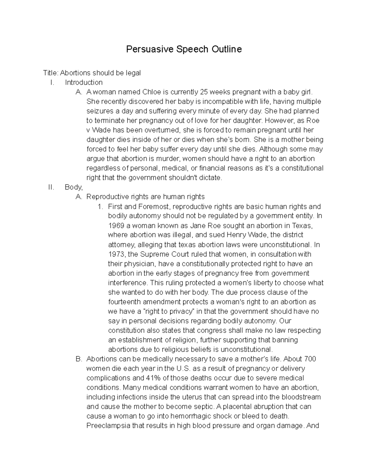 abortion persuasive speech outline