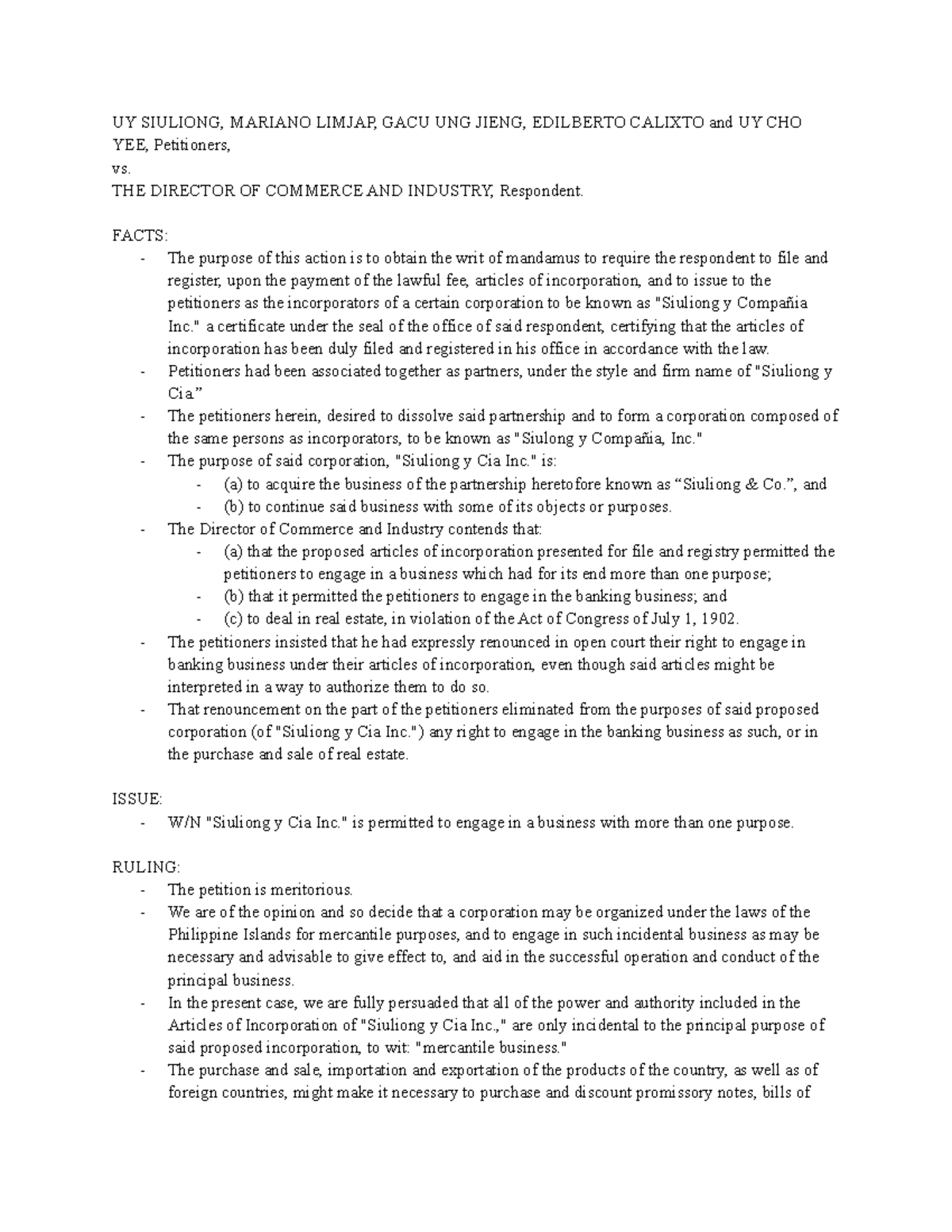 1. Uy Siuliong v. Director of Commerce and Industry - UY SIULIONG ...