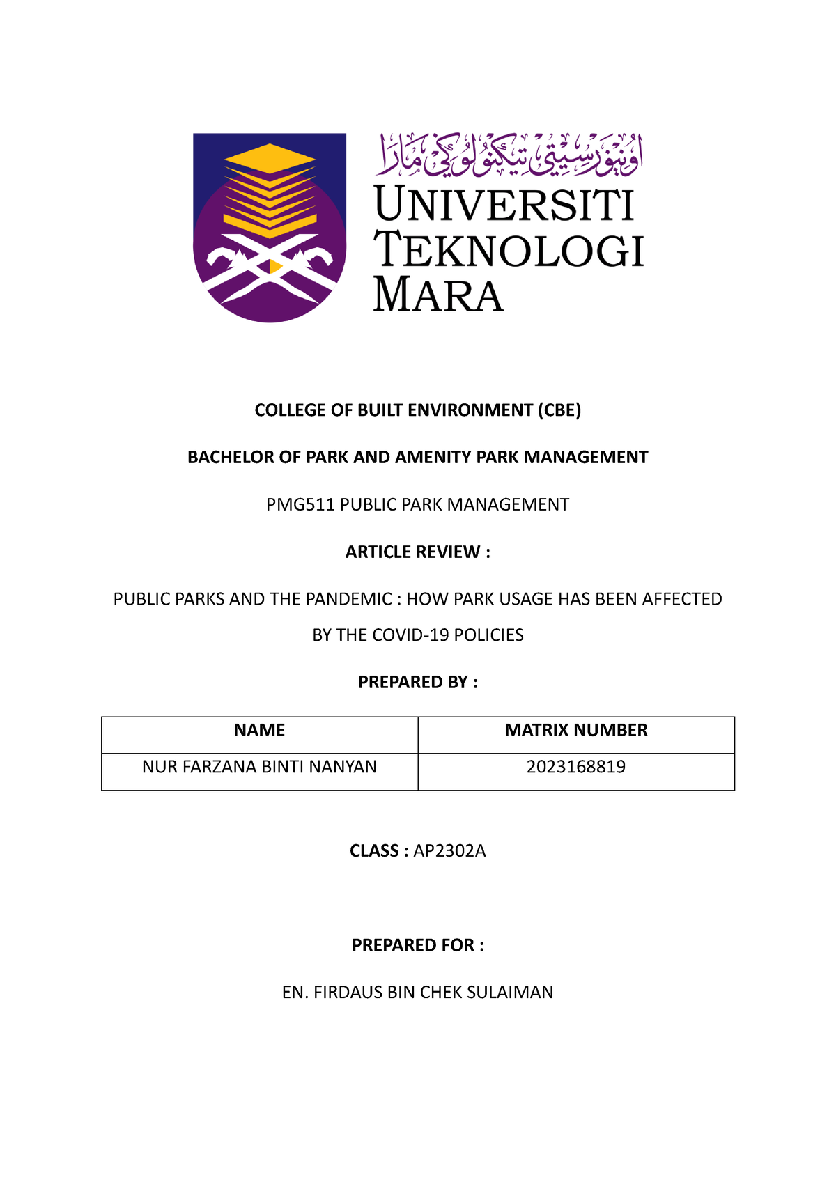 PMG511 Article Review - COLLEGE OF BUILT ENVIRONMENT (CBE) BACHELOR OF ...