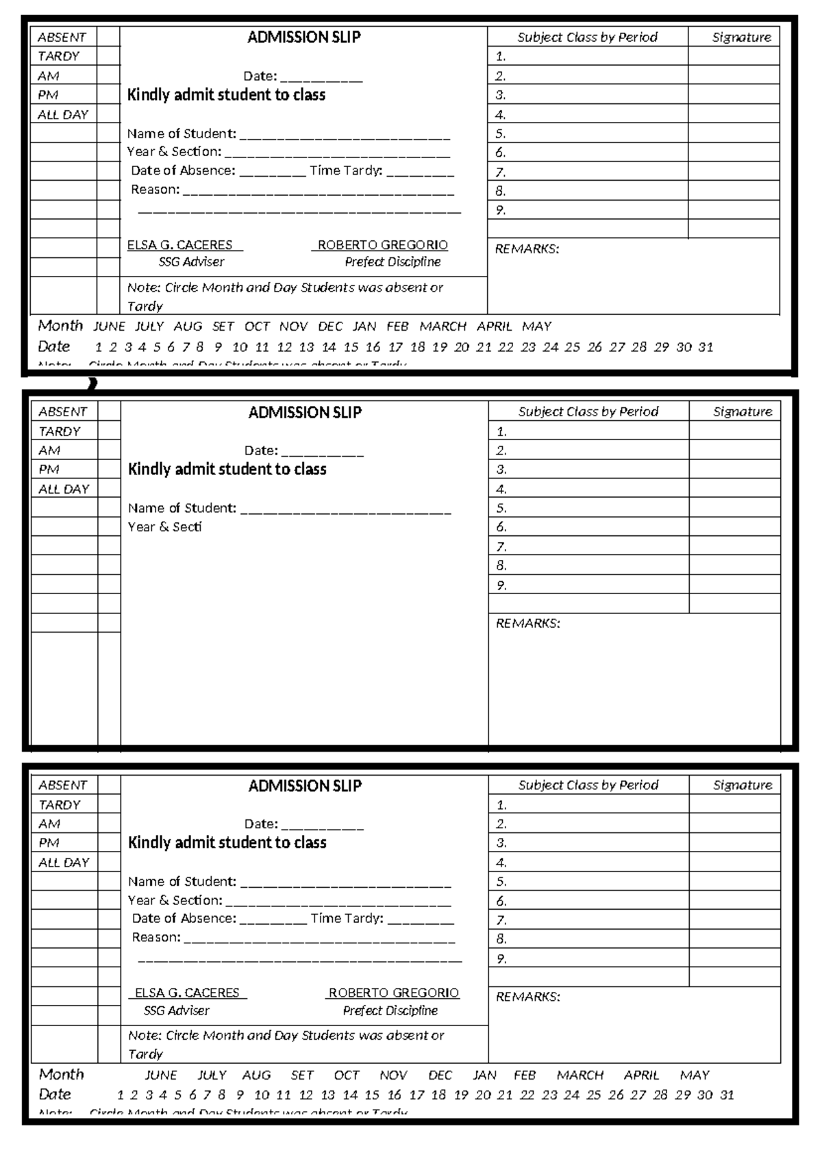 Admission-SLIP 2023 - ABSENT ADMISSION SLIP Date: ___________ Kindly ...