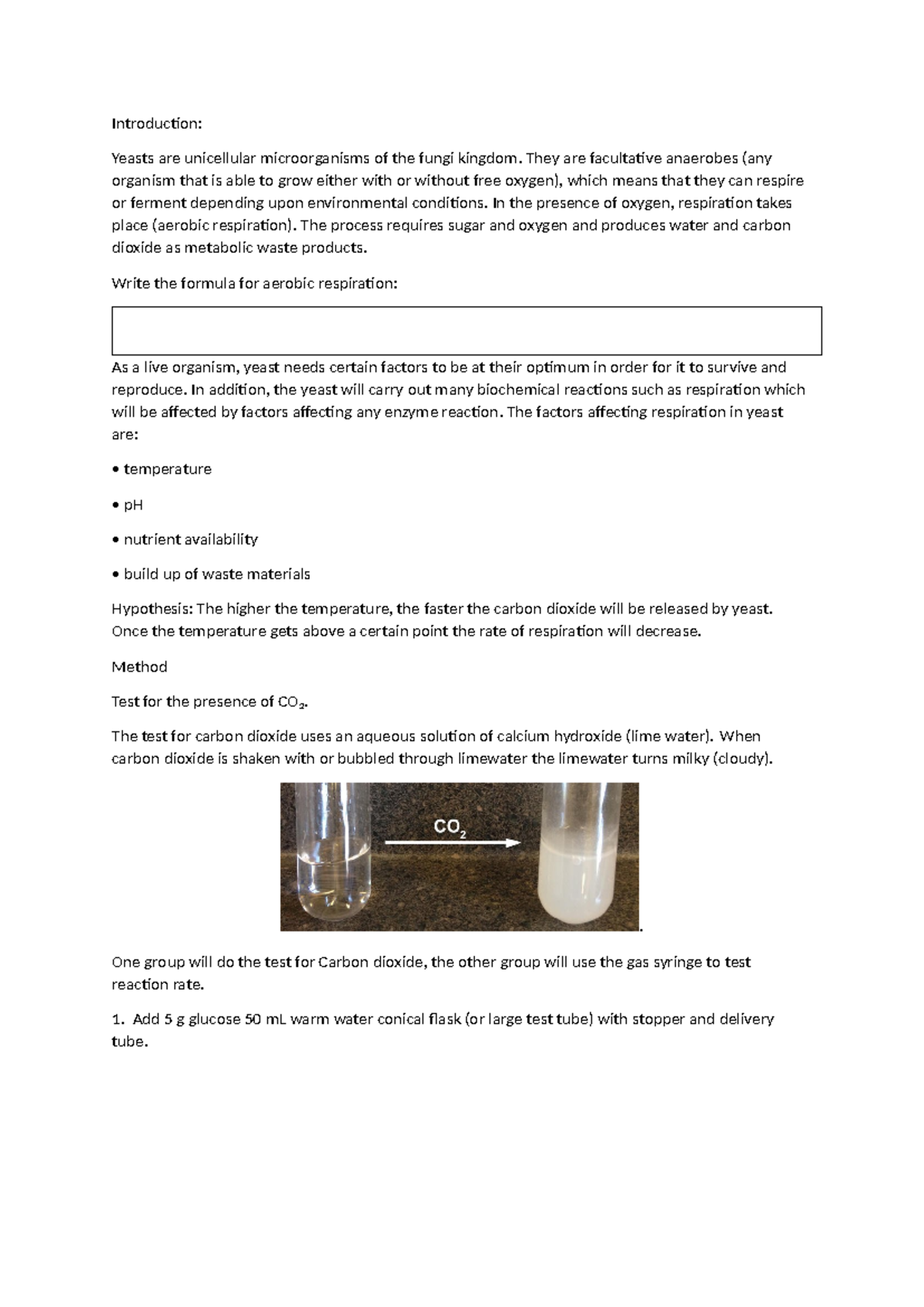 Respiration prac - GOOD - Introduction: Yeasts are unicellular ...
