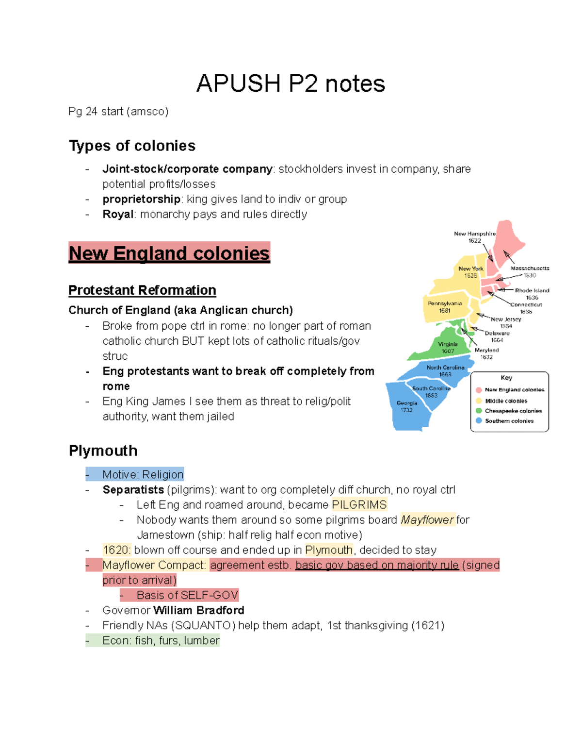 Apush P2 Notes - APUSH P2 notes Pg 24 start (amsco) Types of colonies