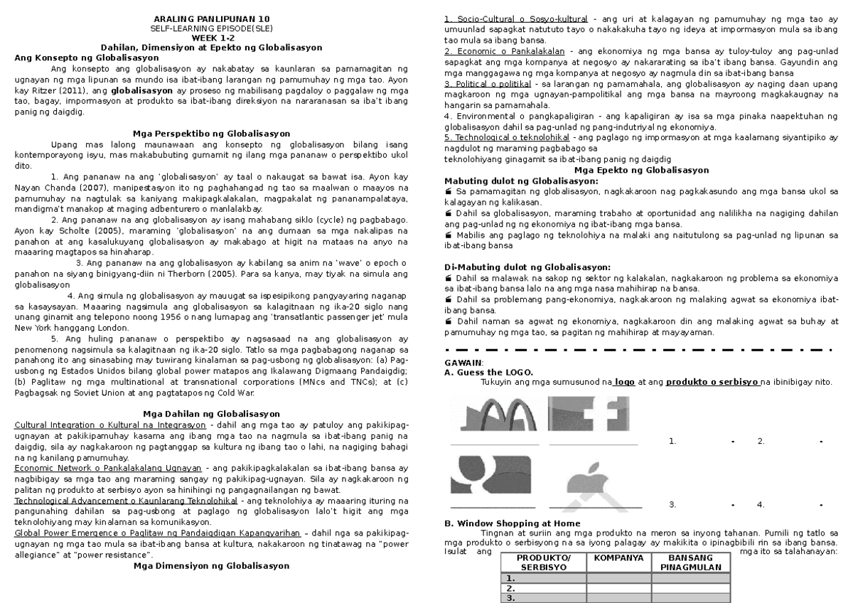 SLE Week1 AP10 2nd qtr - MODULES - ARALING PANLIPUNAN 10 SELF-LEARNING ...