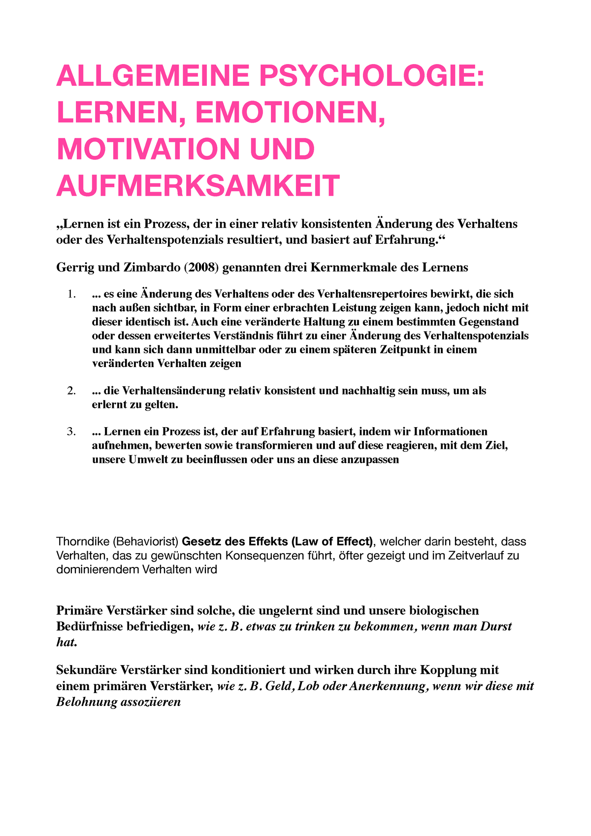 Studoc 5 - Allgemeine Psychologie: Lernen, Emotion, Motivation Und ...