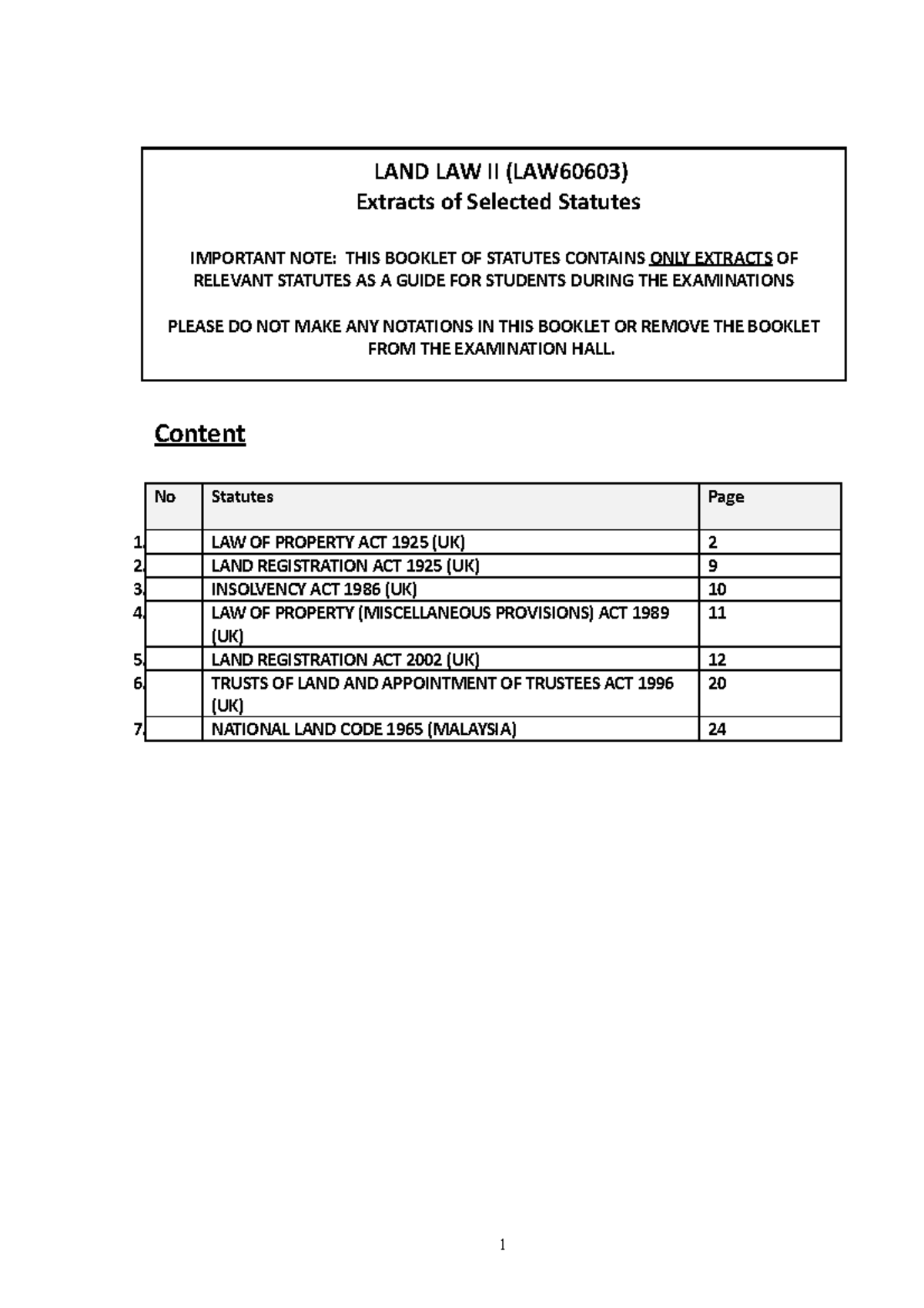 Extracts of Statutes Land Law II - Content No Statutes Page 1. LAW OF ...