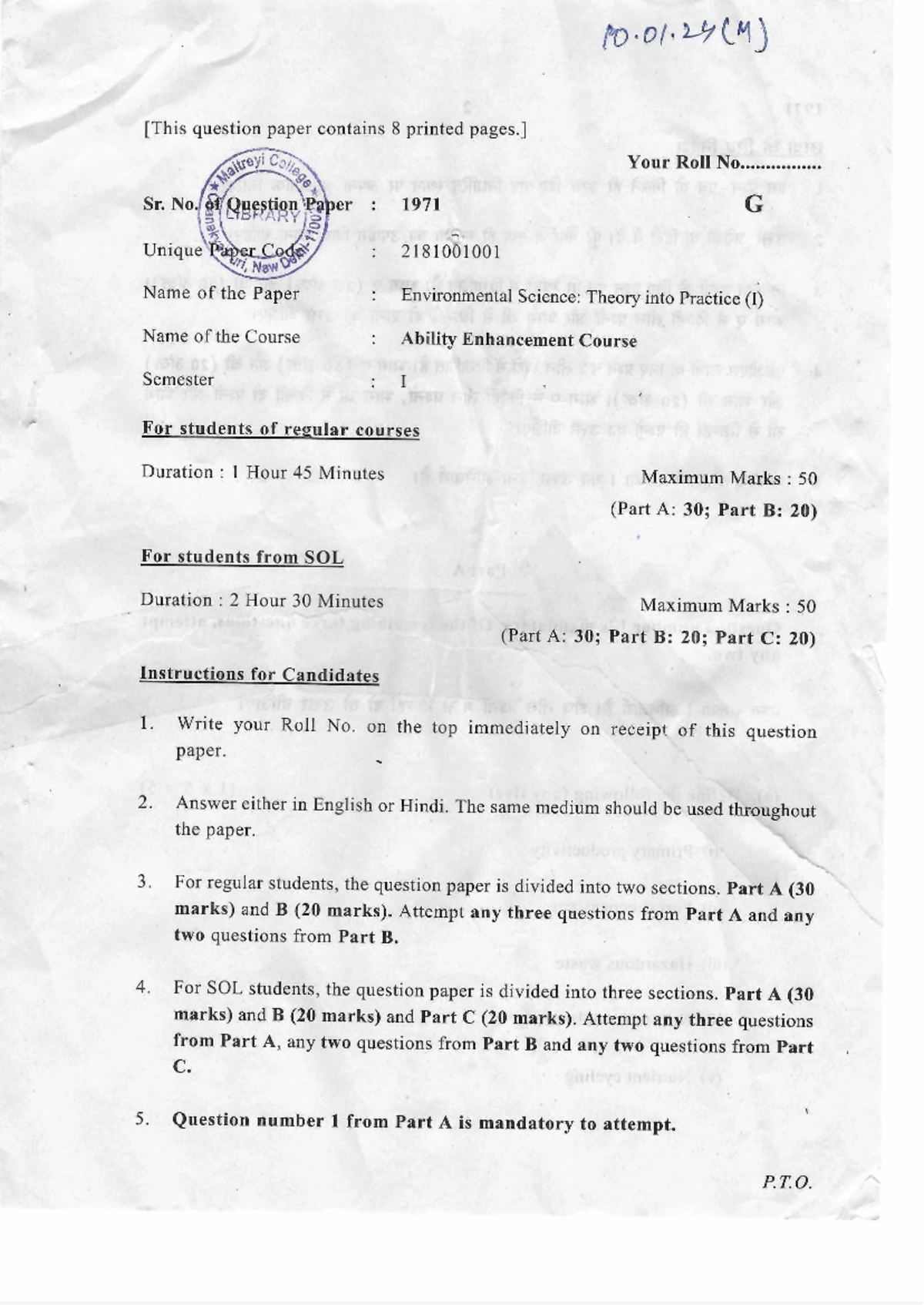 Evs i 1971 previous year question paper ba programme geography