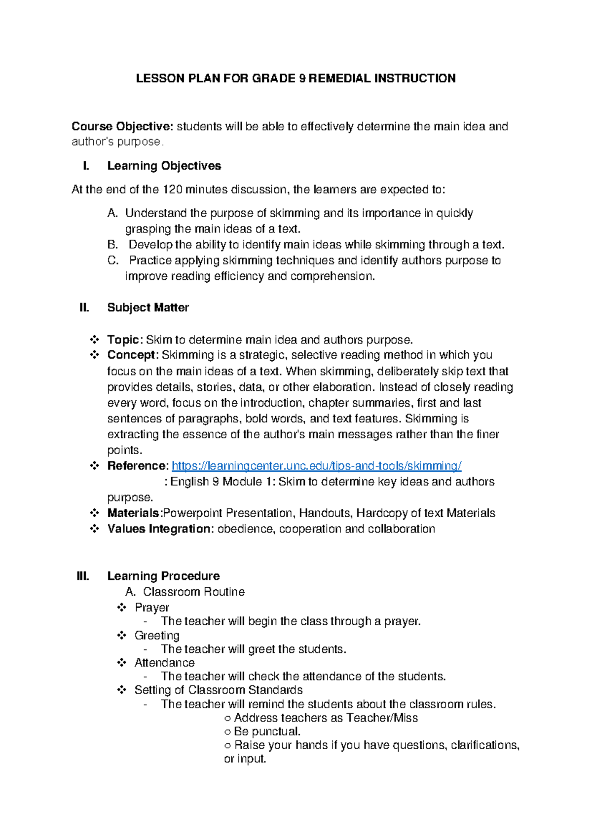 Week4A Skimming LESSON PLAN FOR GRADE 9 REMEDIAL INSTRUCTION Course
