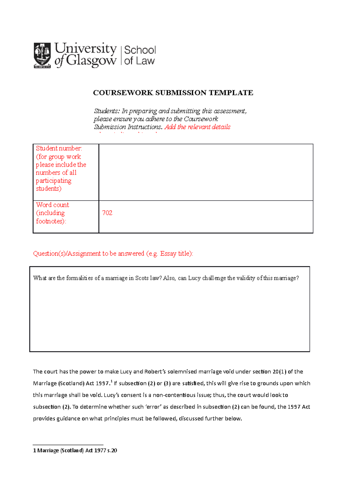 Fam Law Formative Essay - COURSEWORK SUBMISSION TEMPLATE Student number ...