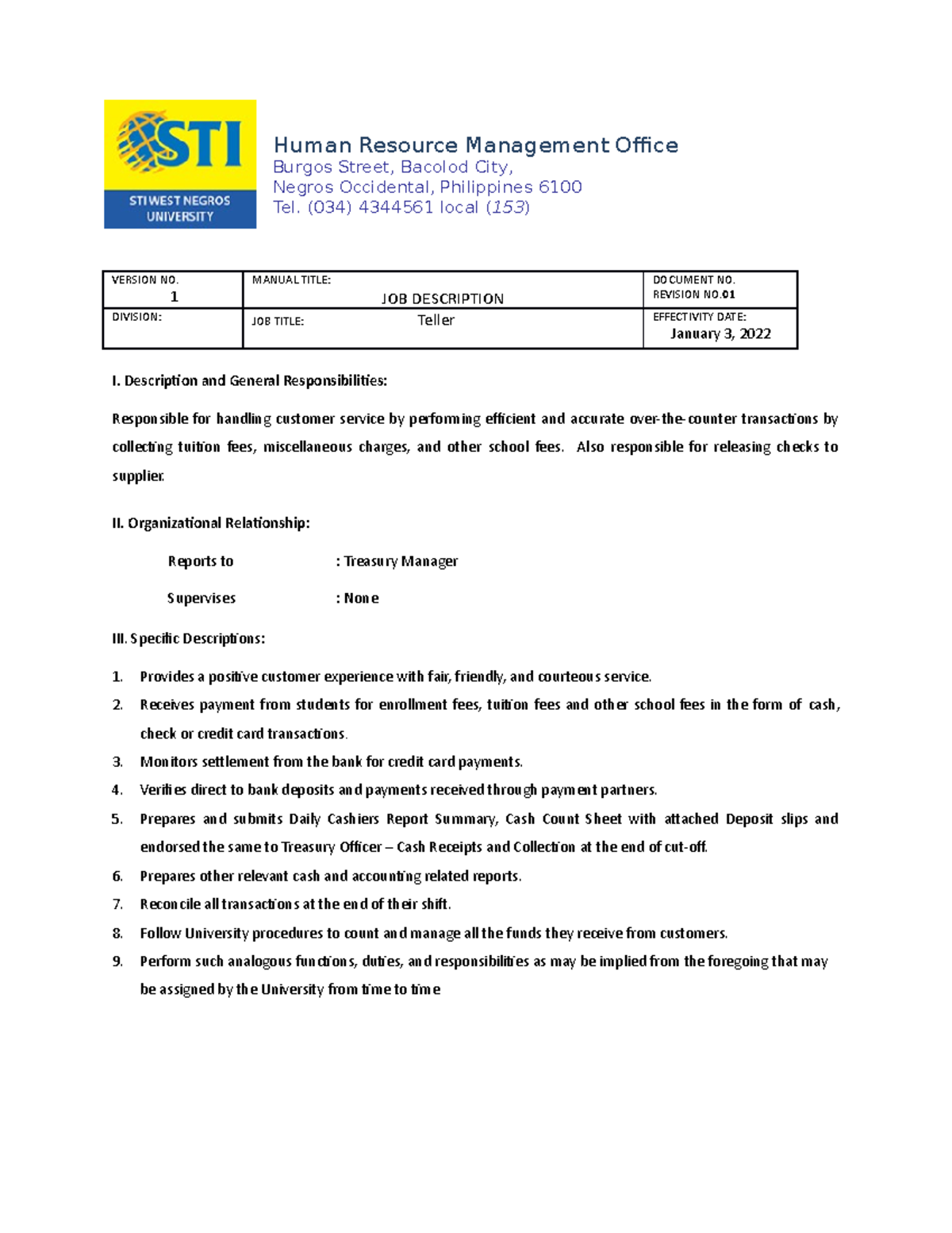 JD Teller job description VERSION NO. 1 MANUAL TITLE JOB