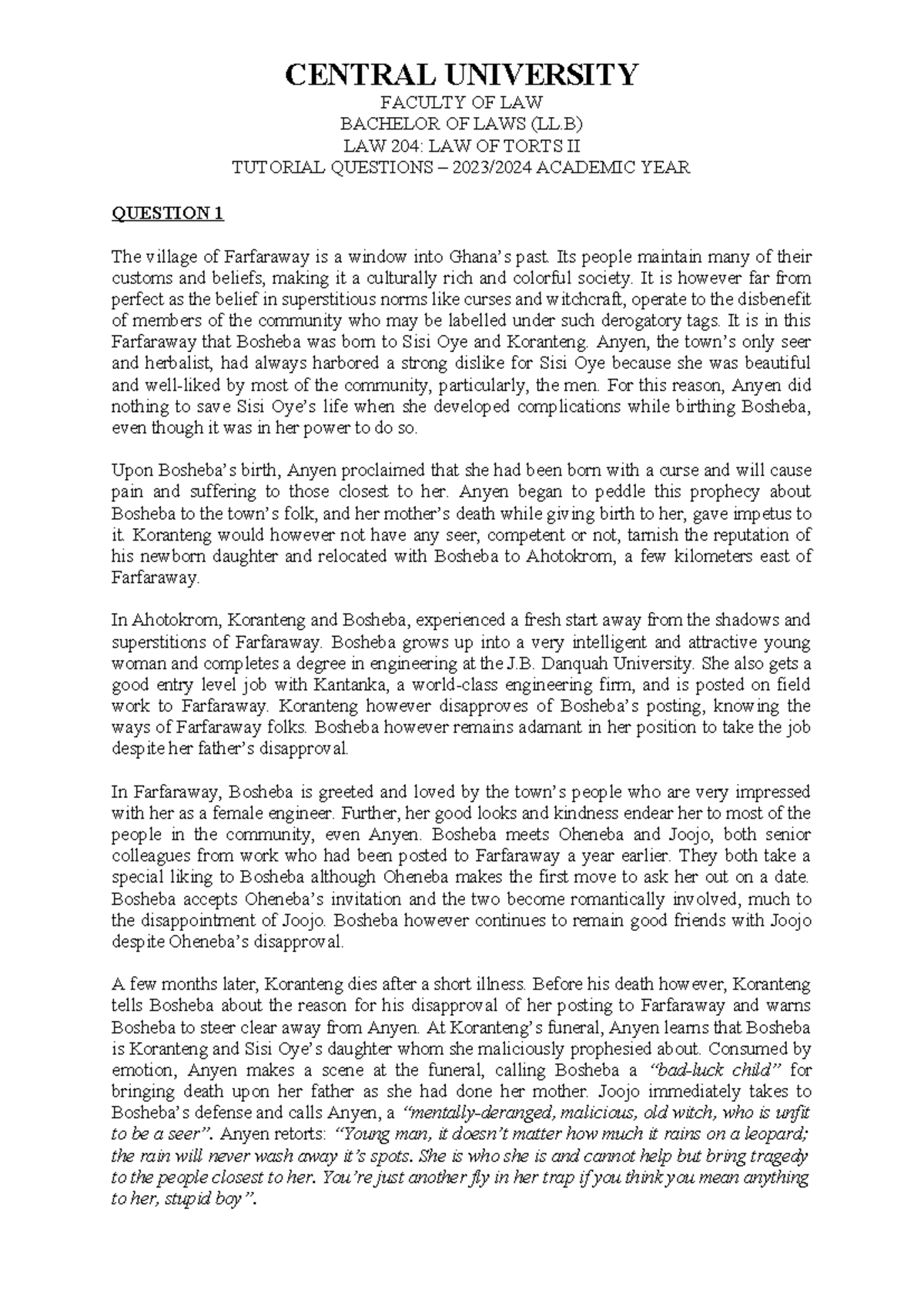 Law of Torts II LAW 204 Tutorial Questions -Semester II 2024 - CENTRAL ...