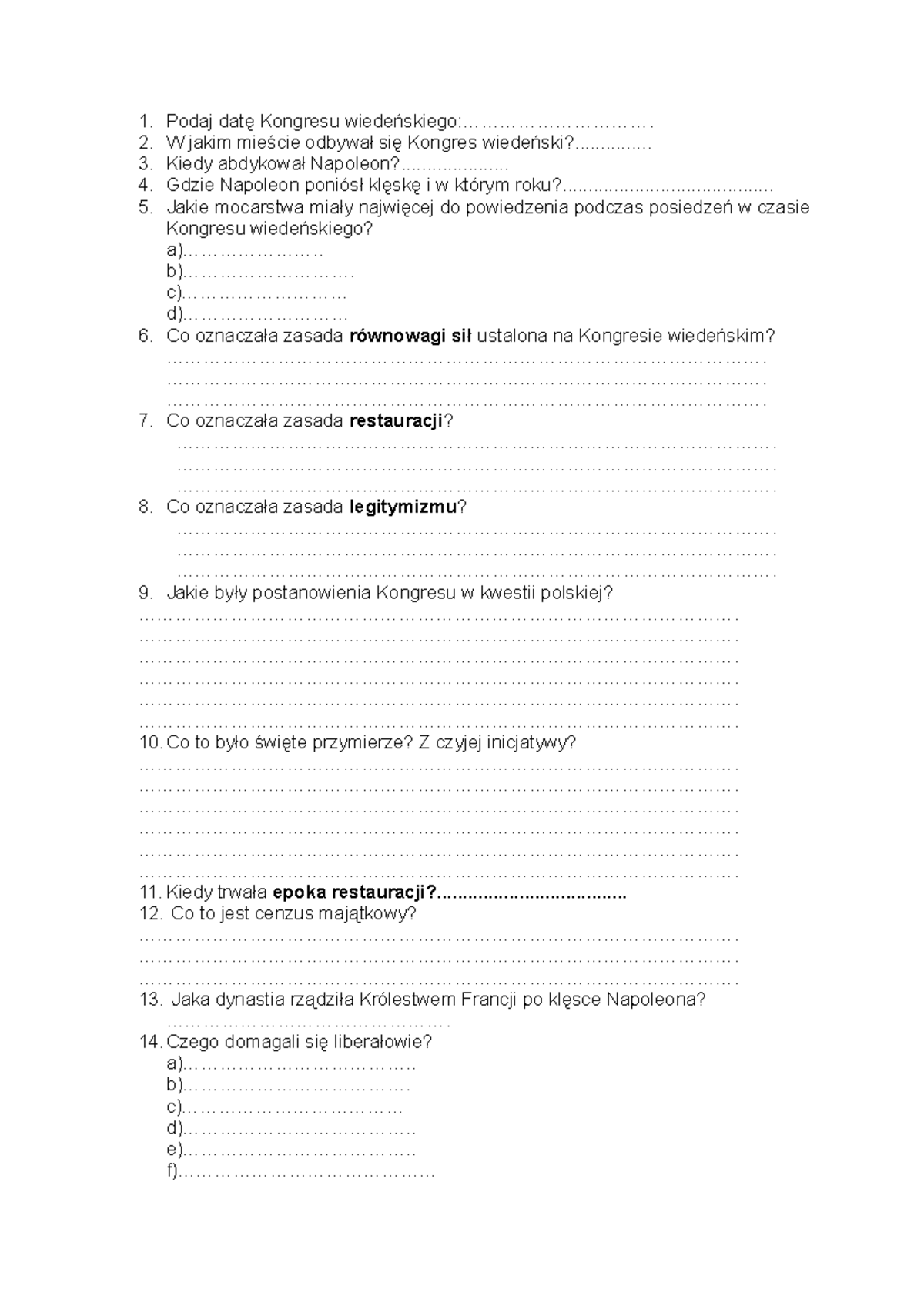 Pytania dział 1 historia kl. 7 - Podaj datę Kongresu wiedeńskiego