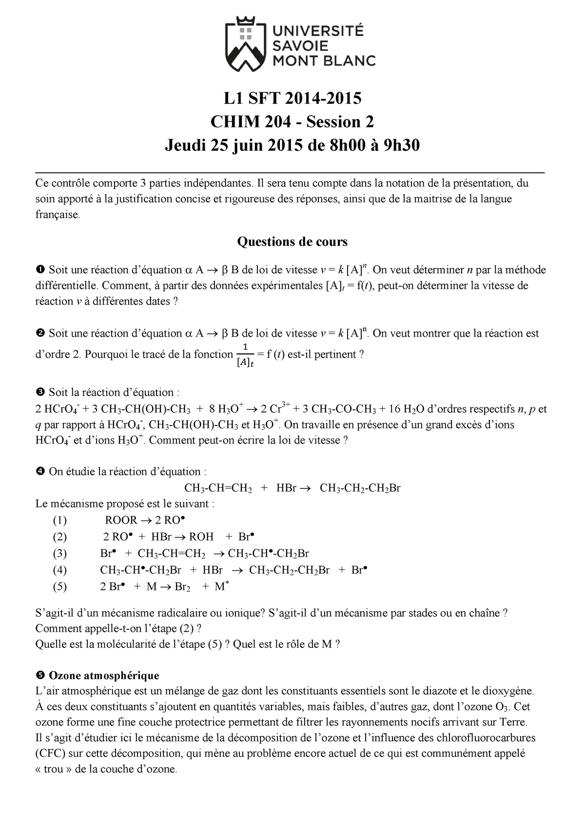 Examen 25 Juin 2015, questions - L1 SFT 2014- CHIM 204 - Session 2 Sns-Brigh10