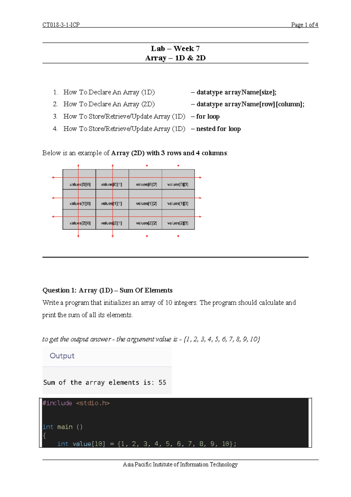 Lab Week 7 - Lab 7 Array Solution - Lab – Week 7 Array – 1d & 2d 1. How 