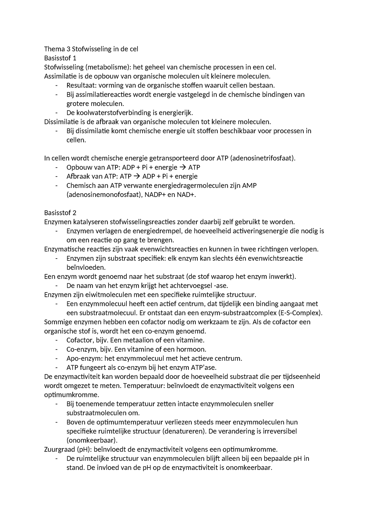 Biologie SE3 - Samenvatting SE3 - Thema 3 Stofwisseling In De Cel ...