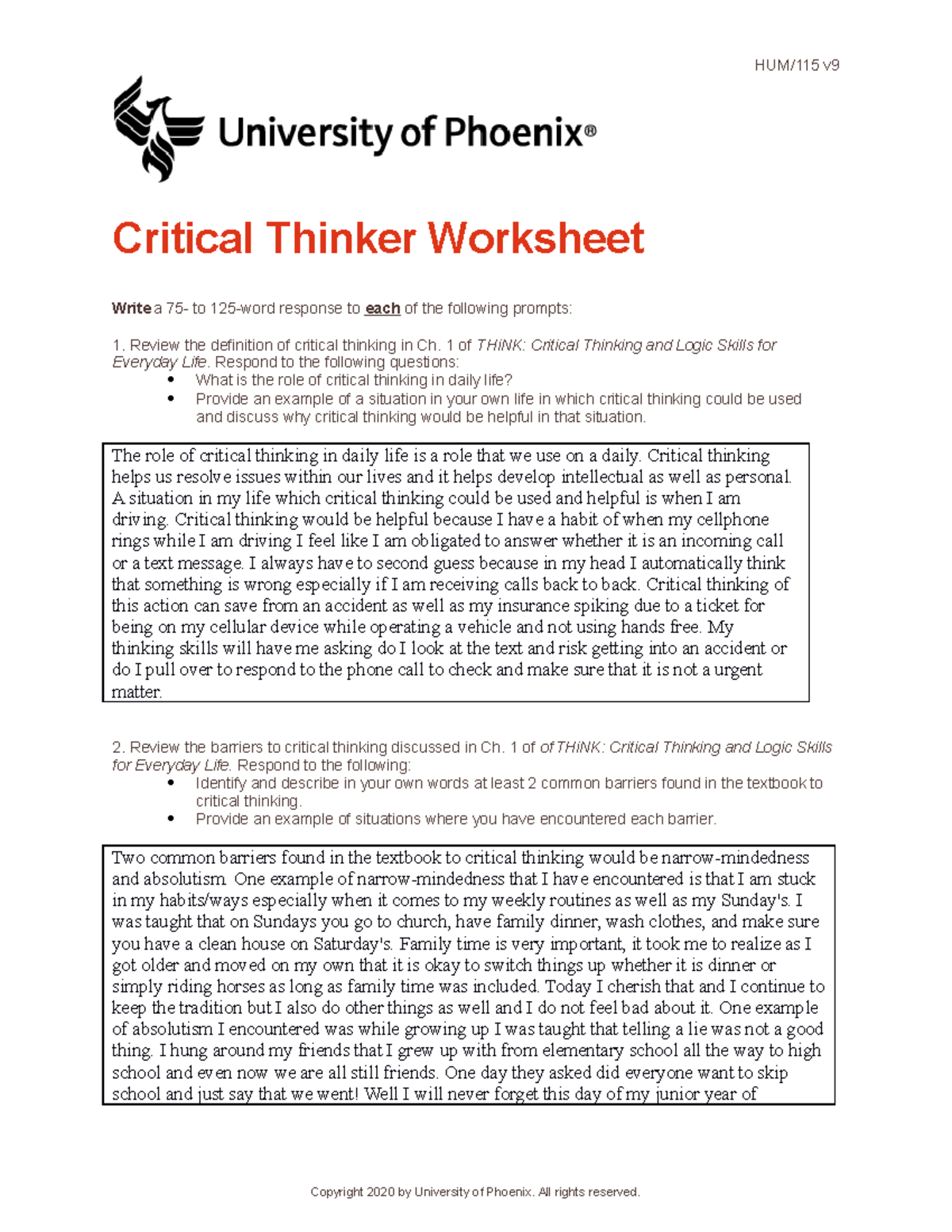 HUM115 V9 Wk1 Critical Thinker Worksheet HUM 115 V Critical Thinker 