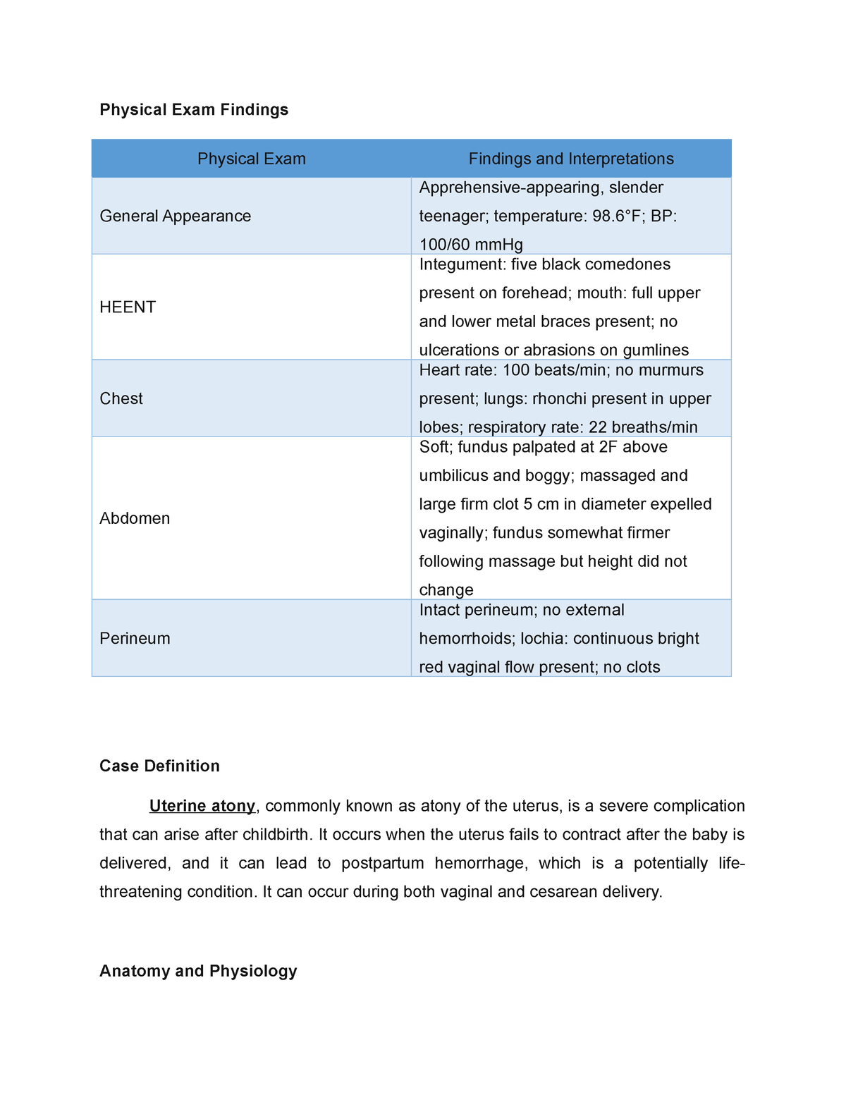 exercise 7.9 case study history and physical examination findings