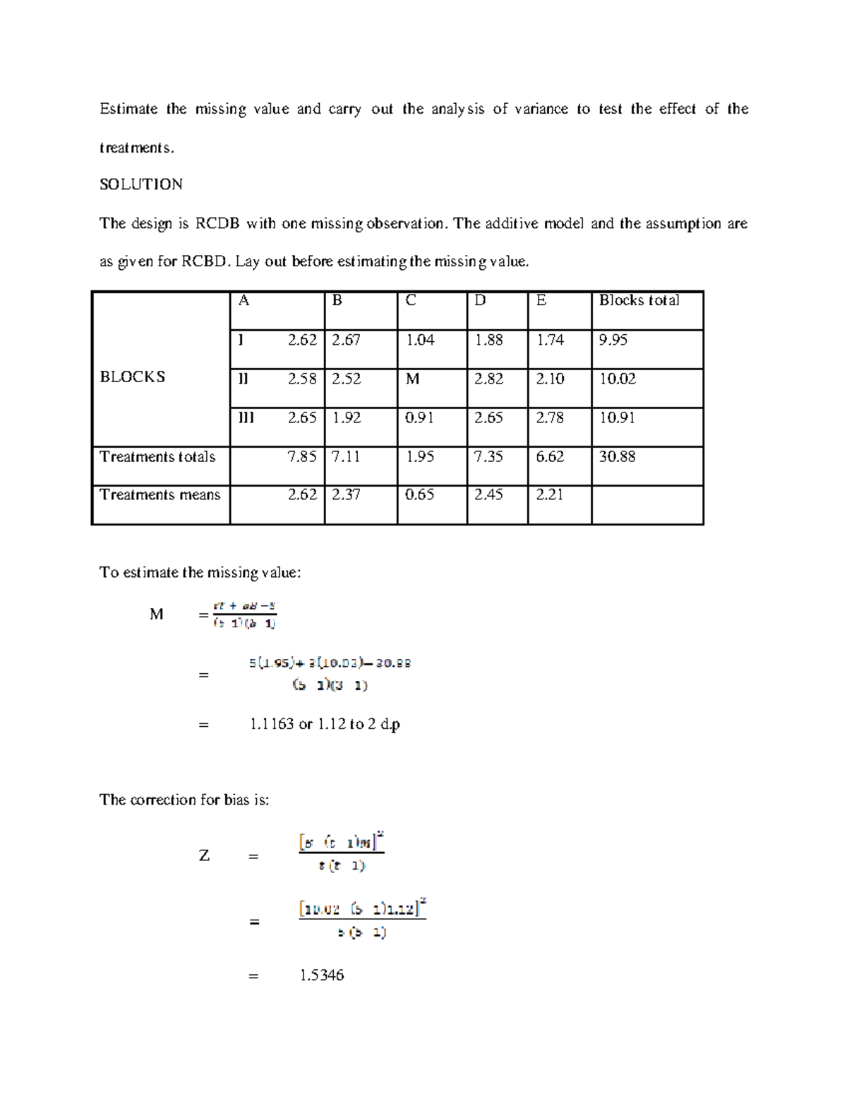 465 FWM310C - Research experimental design - Estimate the missing value ...