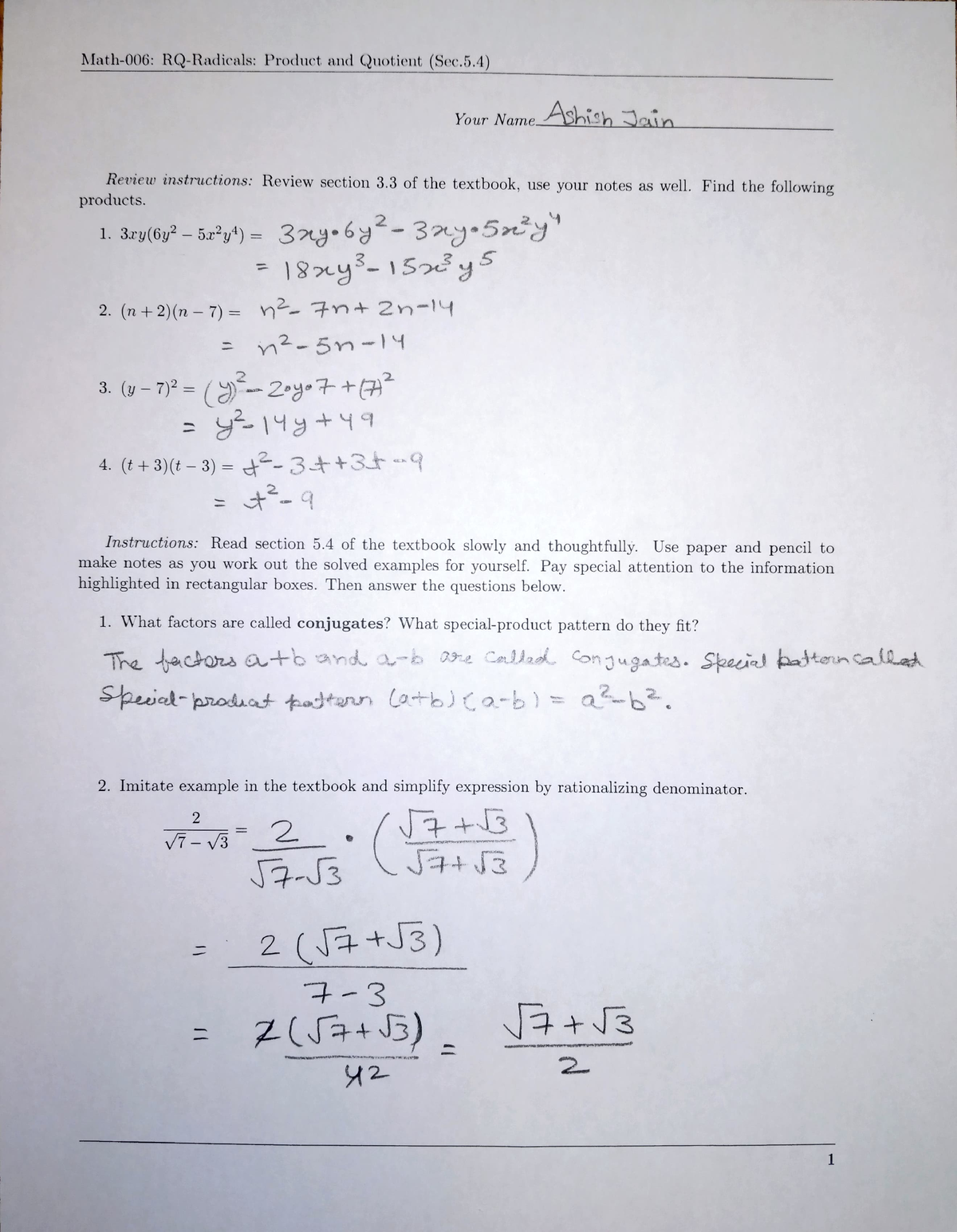 RQ 5 - Reading Questions Homework - Math-006: RQ-Radicals: Product and ...