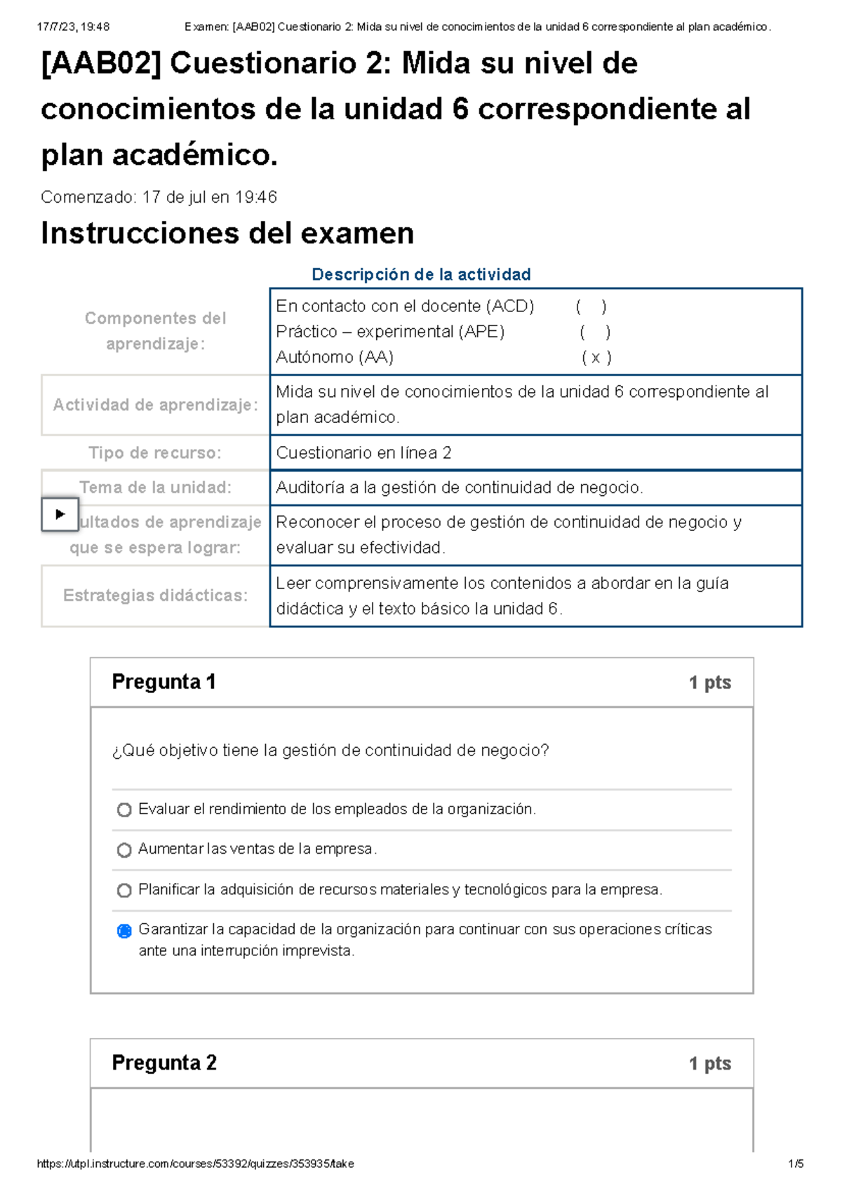 Examen [AAB02] Cuestionario 2 Mida Su Nivel De Conocimientos De La ...