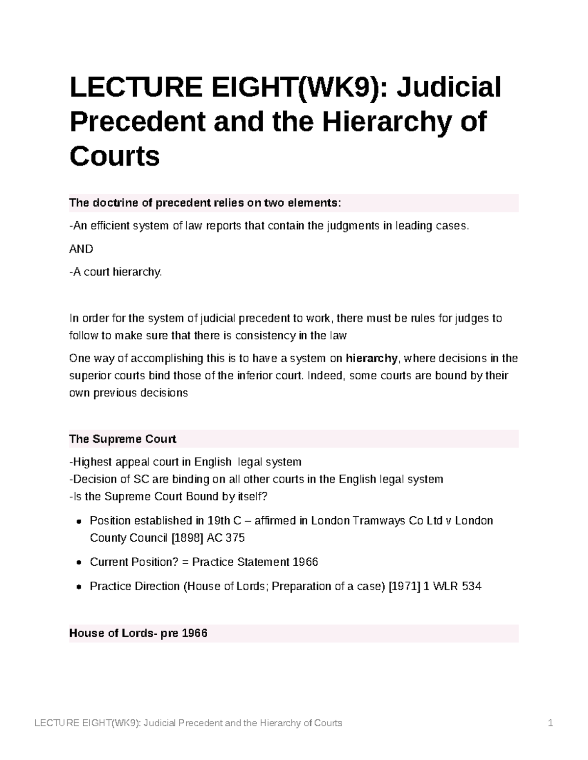 Lecture Eight(WK9) Judicial Precedent and the Hierarchy of Courts ...