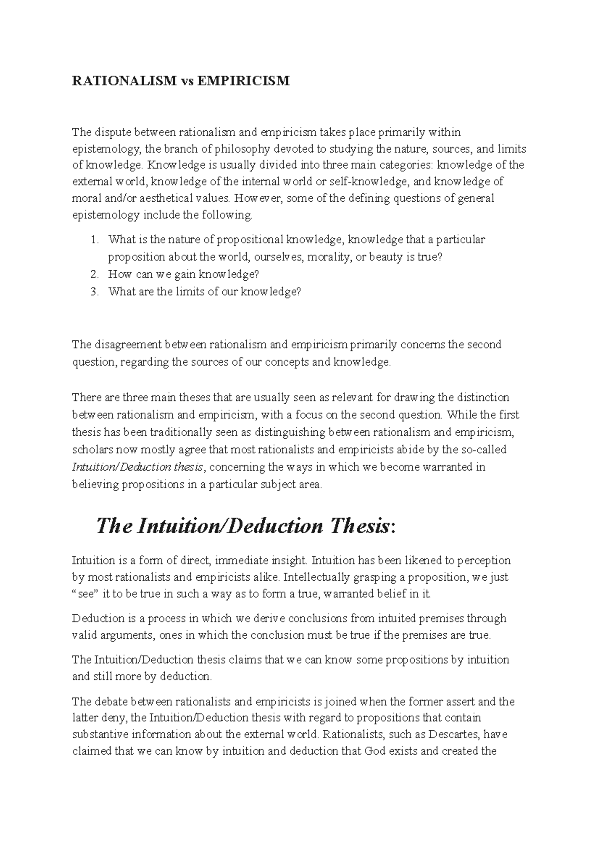 Rationalism vs Empiricism - RATIONALISM vs EMPIRICISM The dispute ...