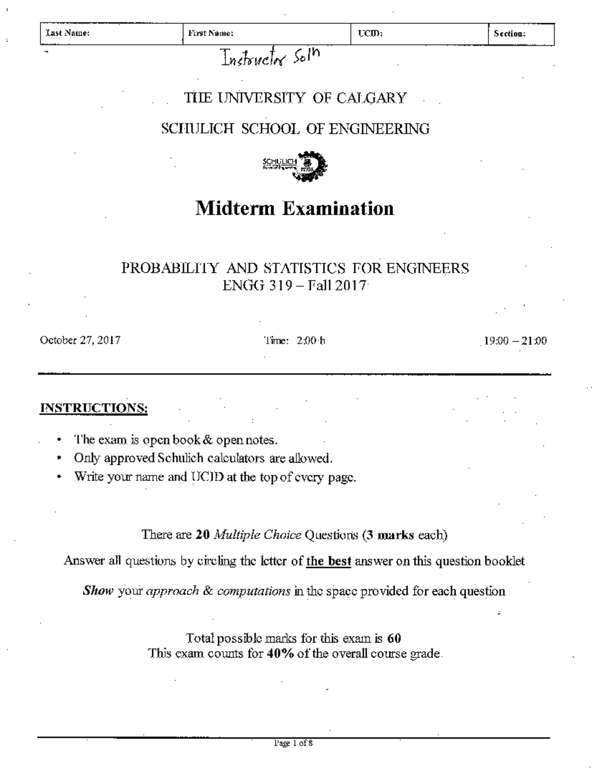 Midterm 27 October, questions and answers - I Last Name: UCID: I First ...